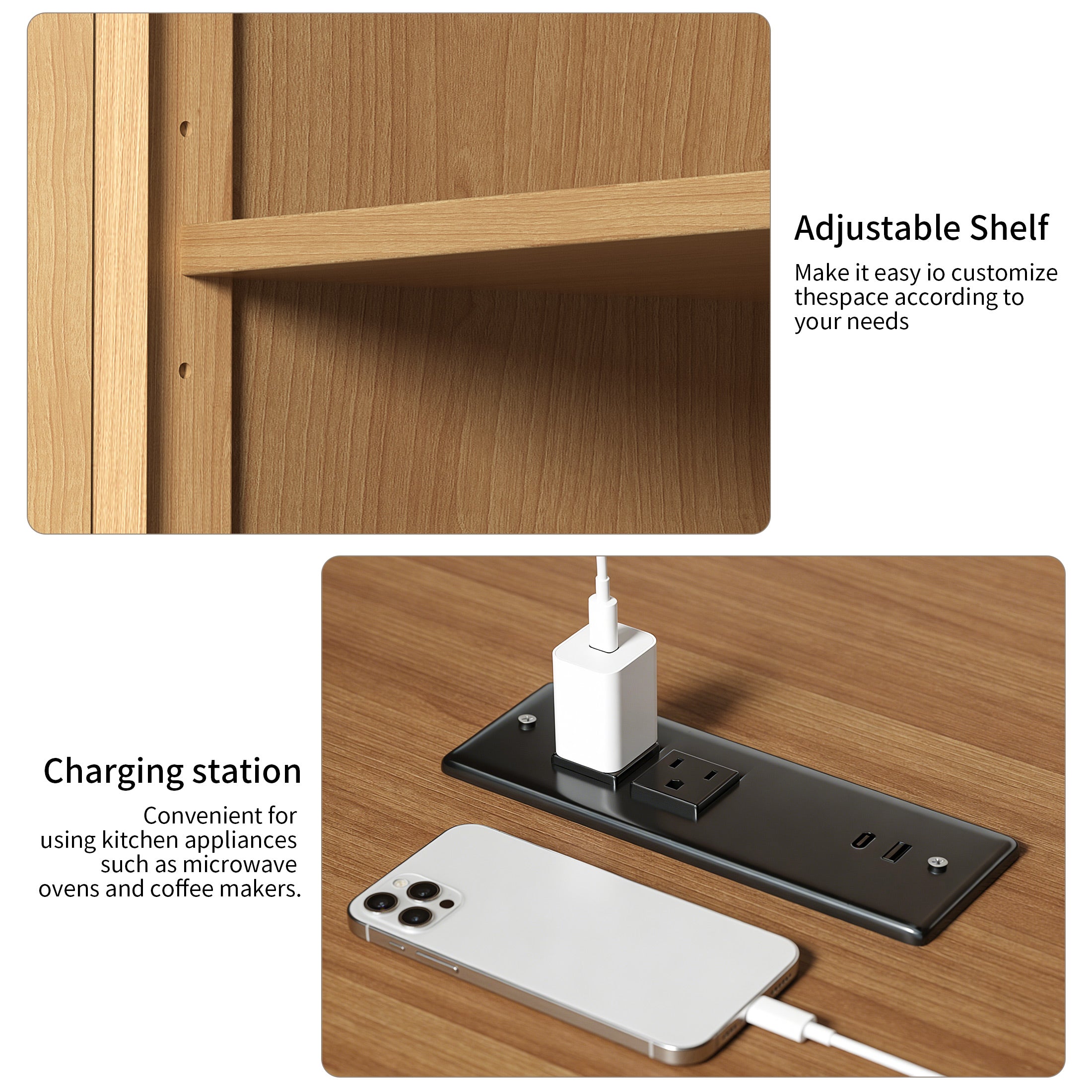 CATLK 72.8" H Rattan Pantry Storage Cabinet with 3 Drawers, Bookshelf with USB Port, with 2 Doors, Cupboard, Kitchen Cabinet, for Living Room, Entryway