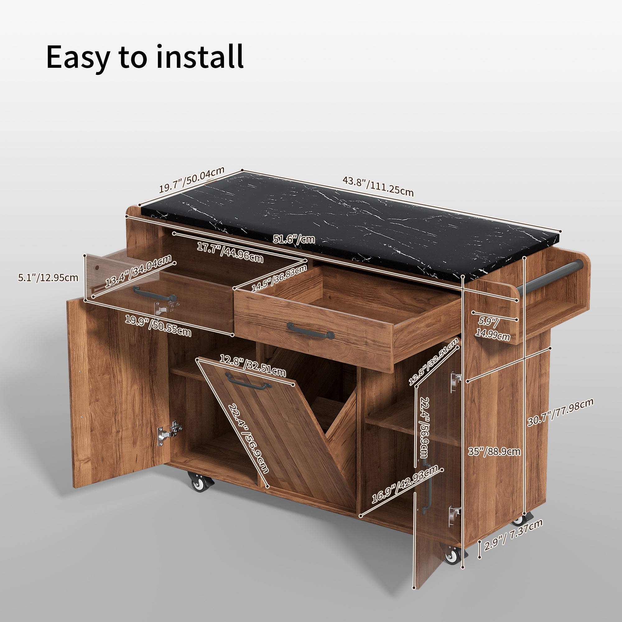 K&K Walnut Brown Kitchen Island Cart with Drop Leaf & Tilt-Out Trash Cabinet