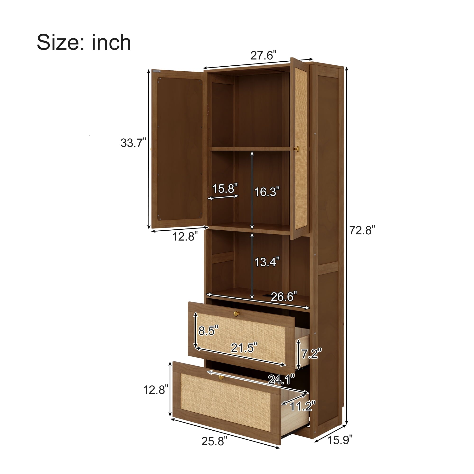 OMCHOM 73" Tall Kitchen Pantry Storage Cabinet with 2 Doors 2 Drawers and Charging Station