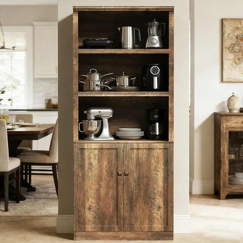 CATLK 81.50" Tall Storage Cabinet - Side Cabinet with Storage Shelves, Narrow Bookcase with 2 Doors, 3 Open Shelves & USB Port for Bathroom, Living Room or Kitchen, Rustic Brown