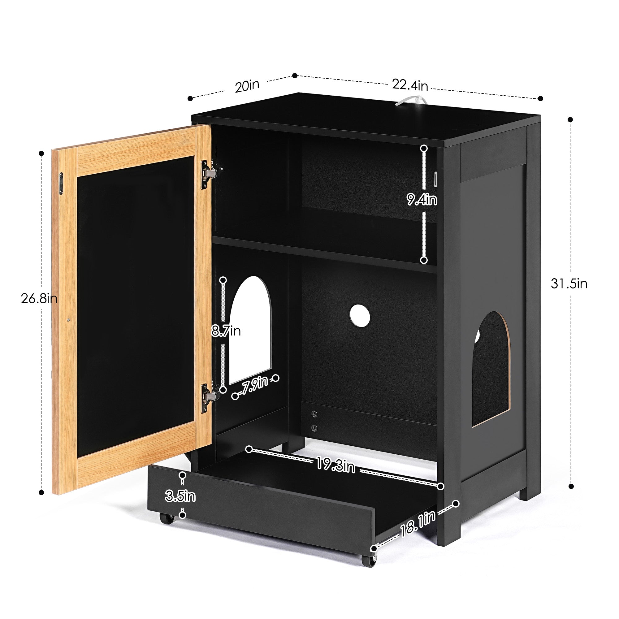 OMCPET Hidden Cat Litter Box Furniture – Black Particle Board with Sisal Panel Door