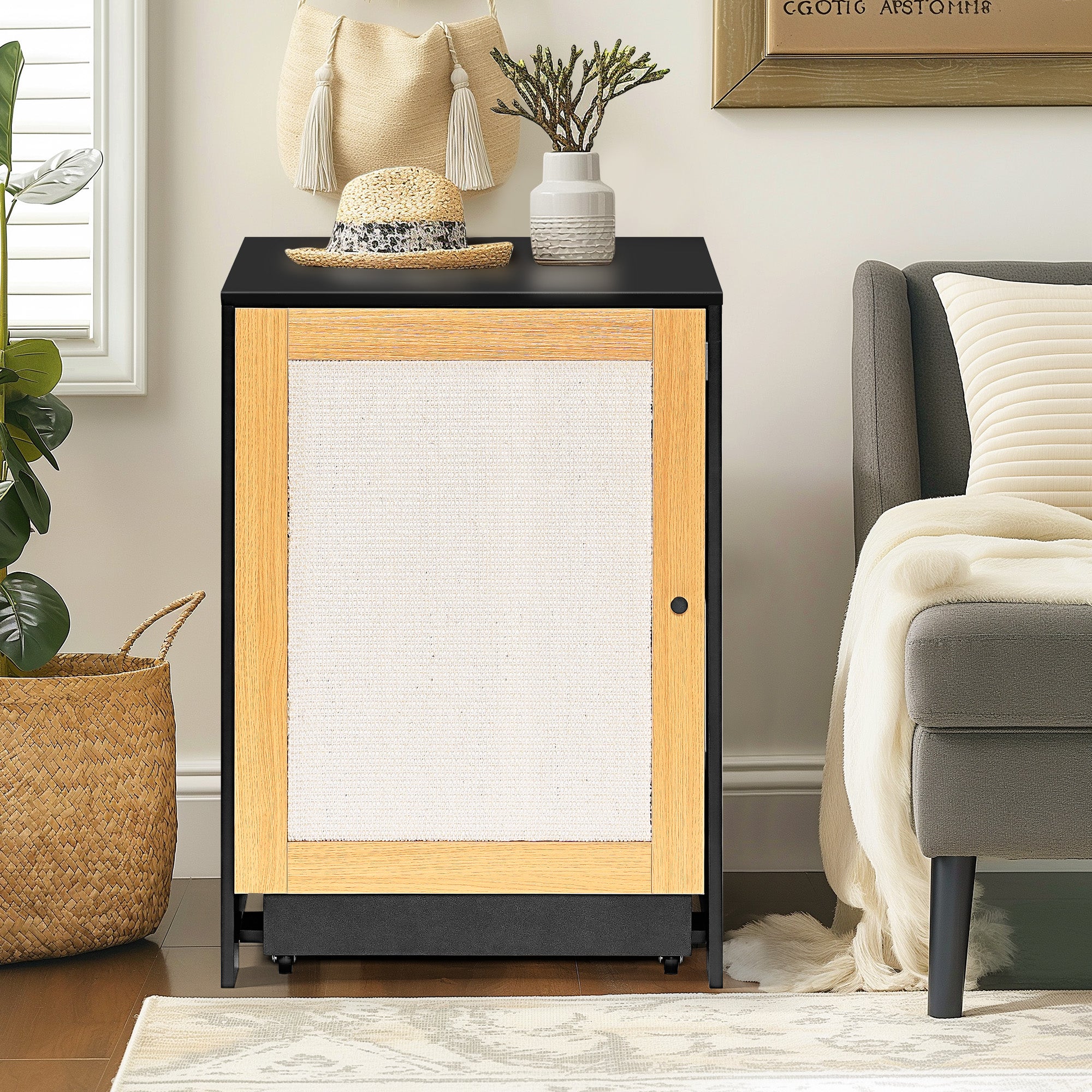 OMCPET Hidden Cat Litter Box Furniture – Black Particle Board with Sisal Panel Door
