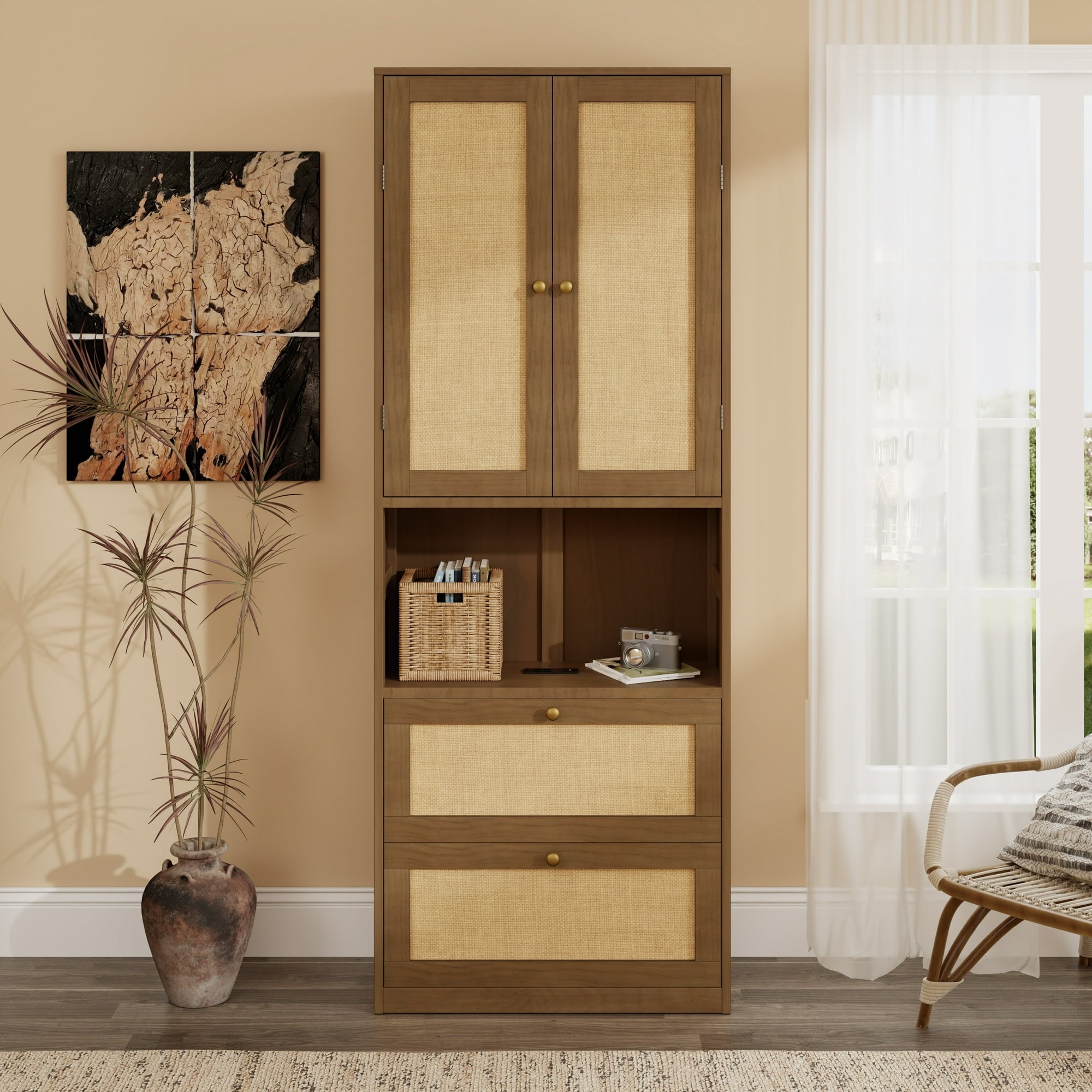 OMCHOM 73" Tall Kitchen Pantry Storage Cabinet with 2 Doors 2 Drawers and Charging Station