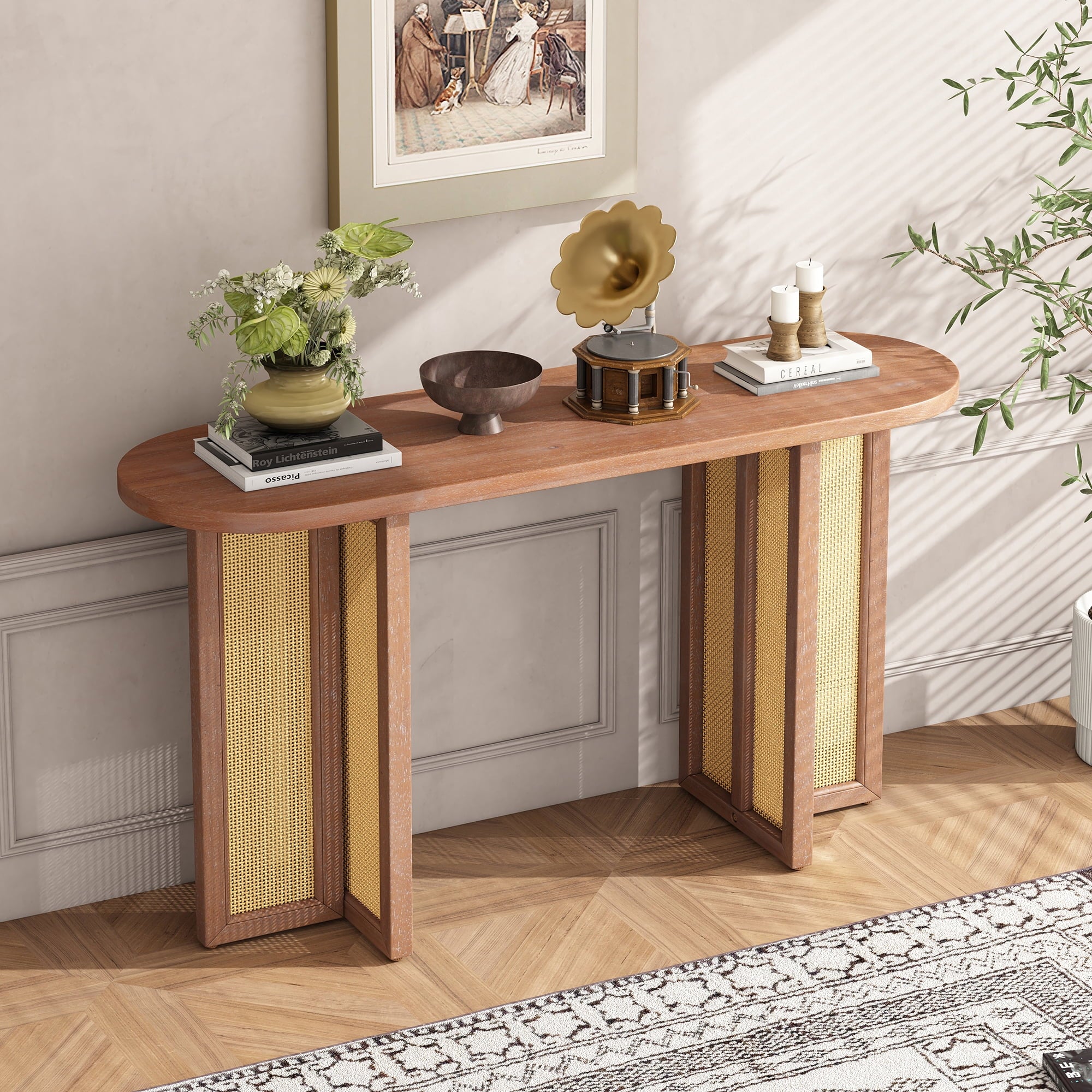 OMCHOM Farmhouse Console Table,Rattan Narrow Table for Entryway Hallway and Living Room