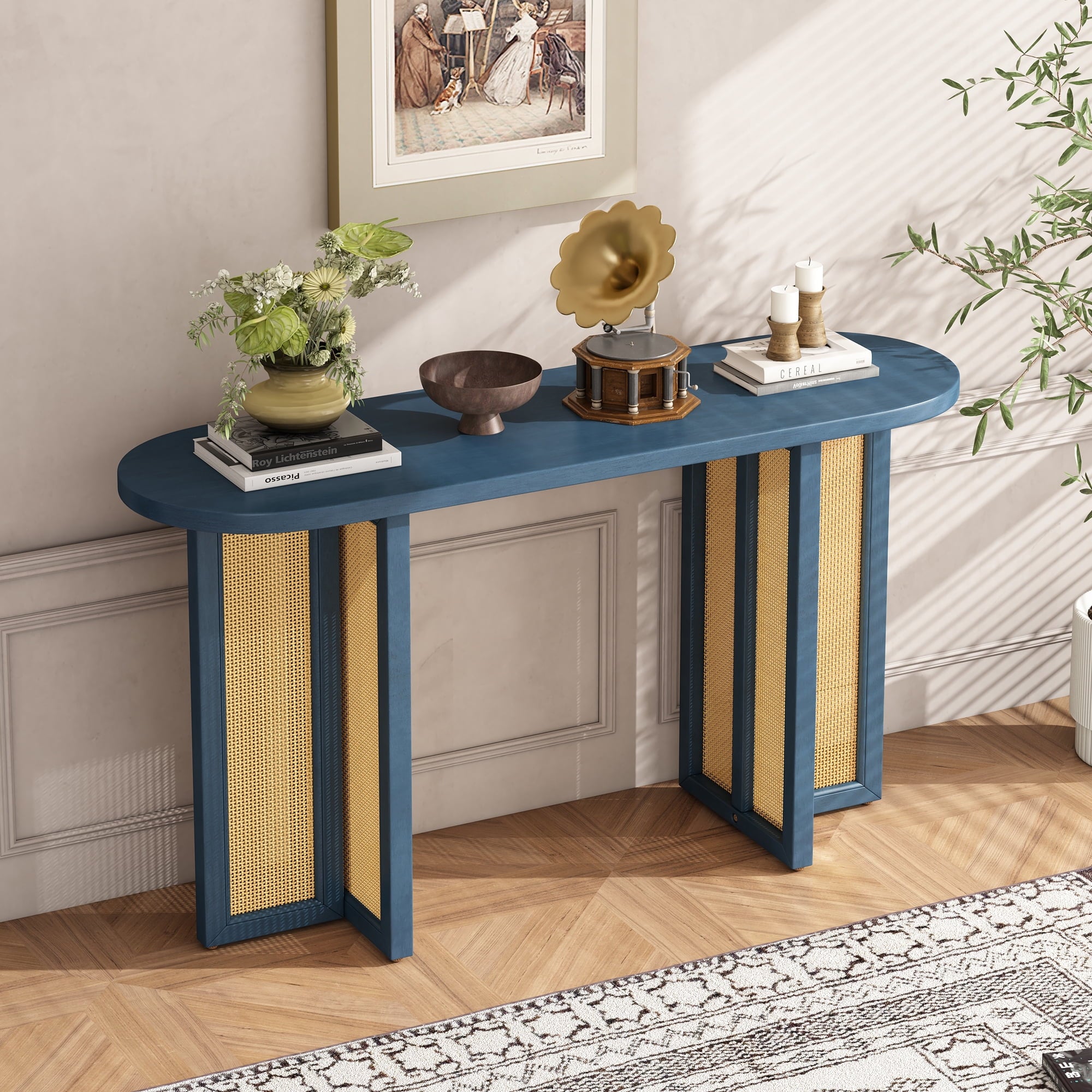 OMCHOM Farmhouse Console Table,Rattan Narrow Table for Entryway Hallway and Living Room