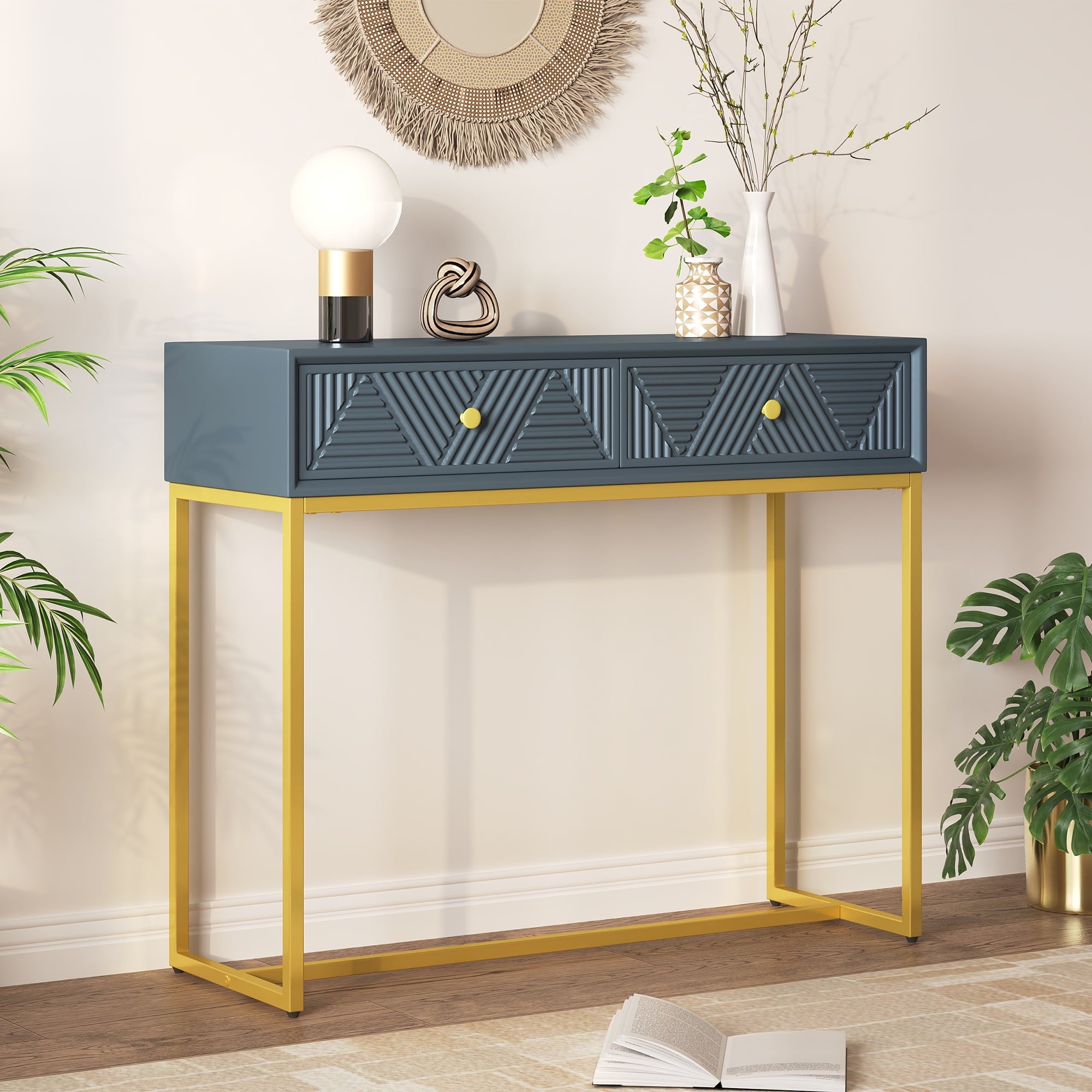 OMCHOM Modern Console Table with 2 Drawers - Sleek Narrow Entryway Table, Wood Sofa Table with Storage & Stripe Design for Living Room & Hallway