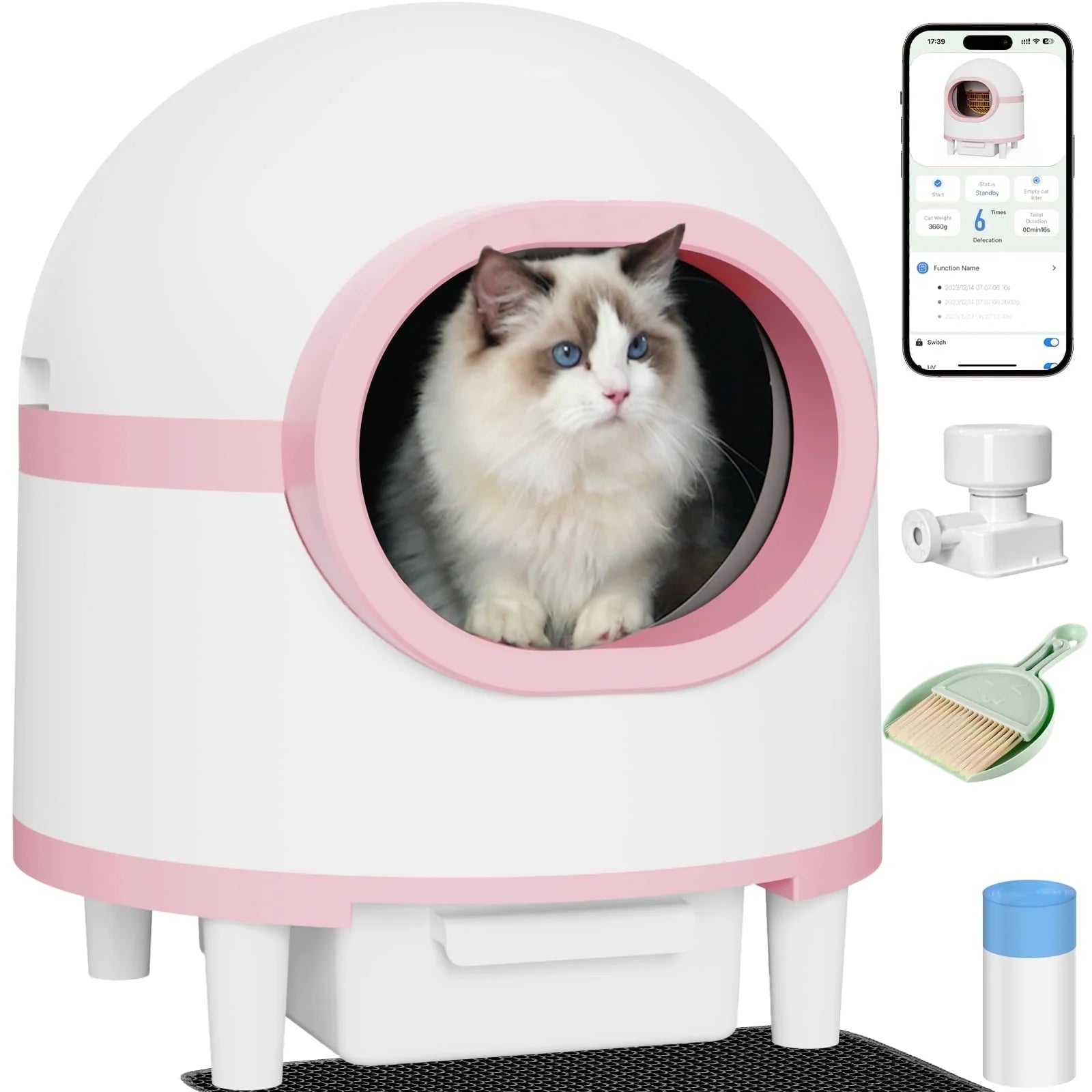 OMCPET Self Cleaning Litter Box, Automatic Cat Litter Box Self Cleaning Large Capacity for Multiple Cats, App-Controlled with Safety Sensors,1 Rolls Garbage Bags,Pink
