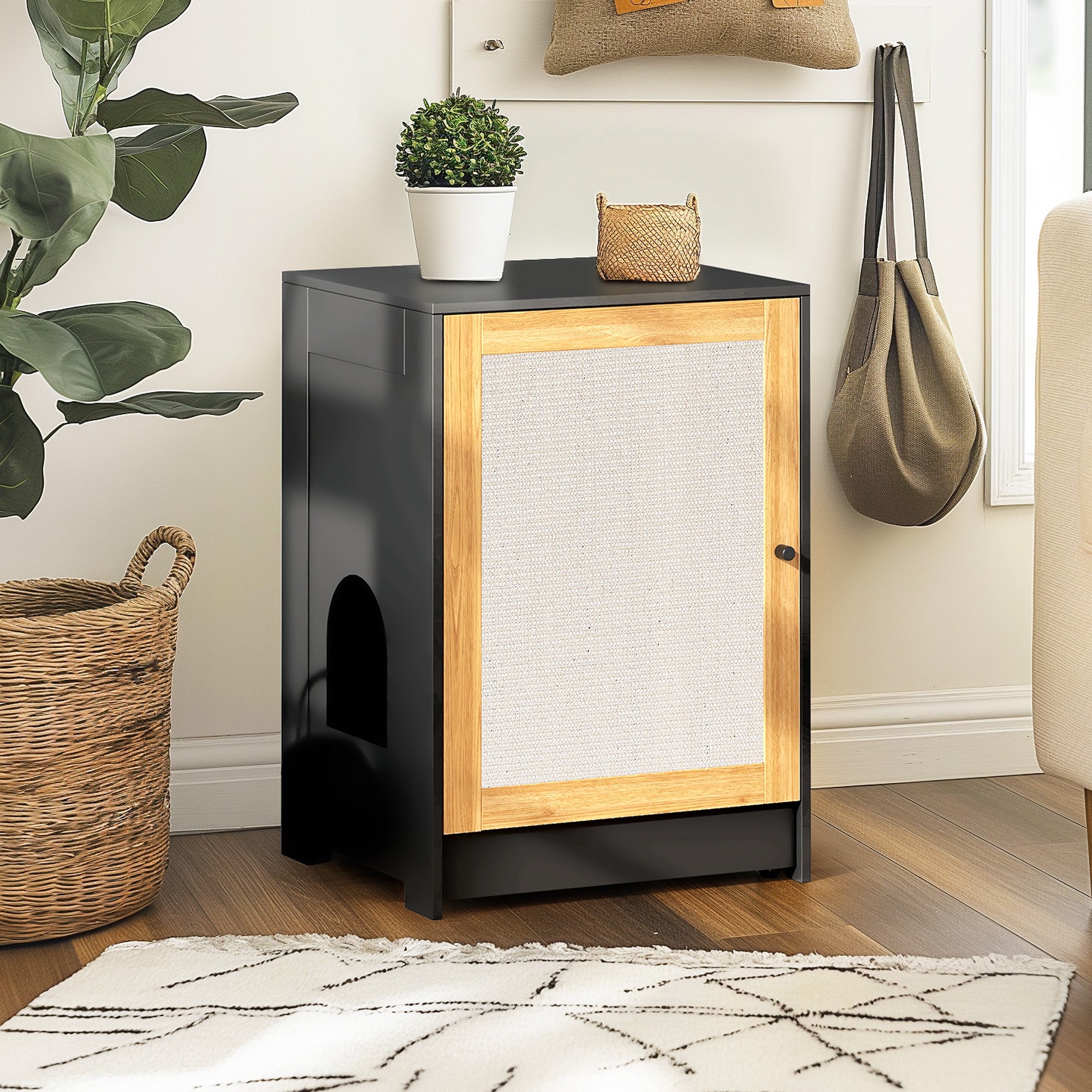 OMCPET Hidden Cat Litter Box Furniture – Black Particle Board with Sisal Panel Door