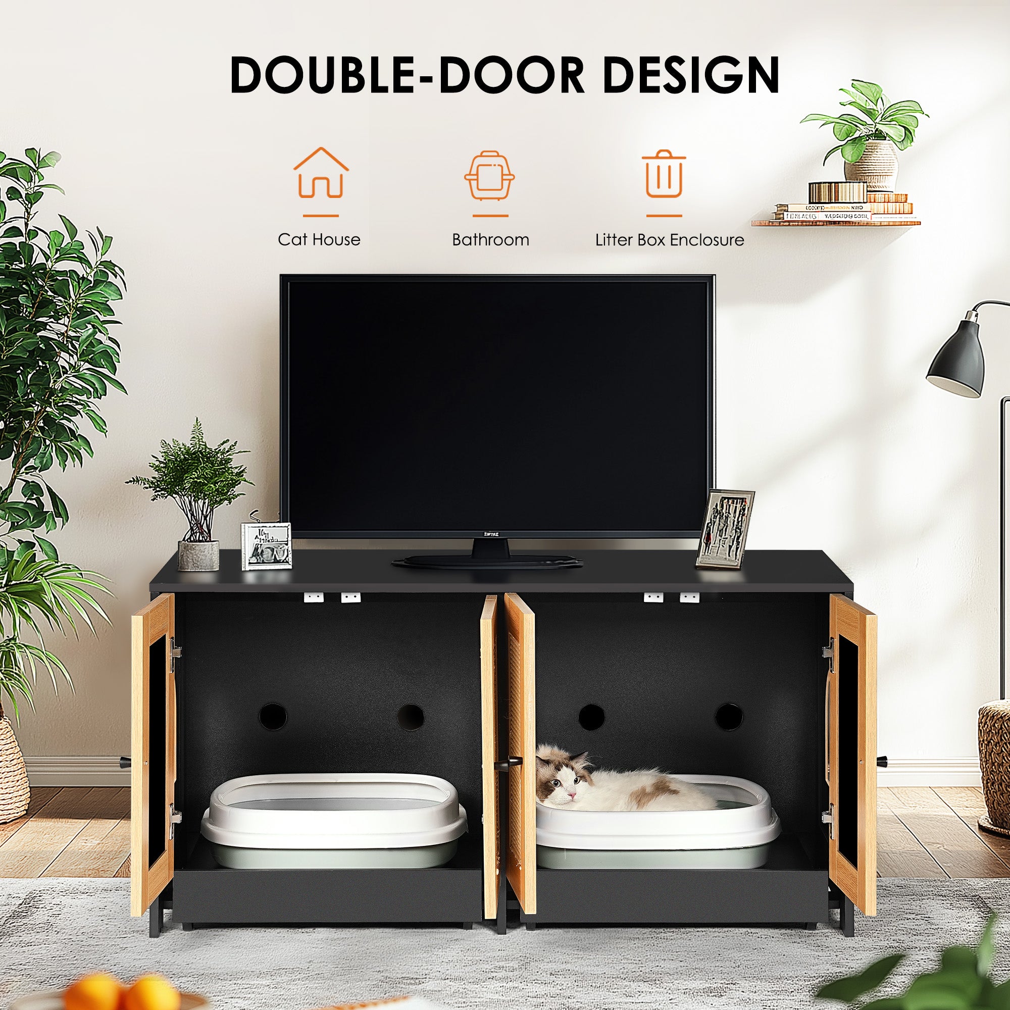 OMCPET Modern Litter Box Furniture for Two Cats – Enclosed Black Cat Cabinet