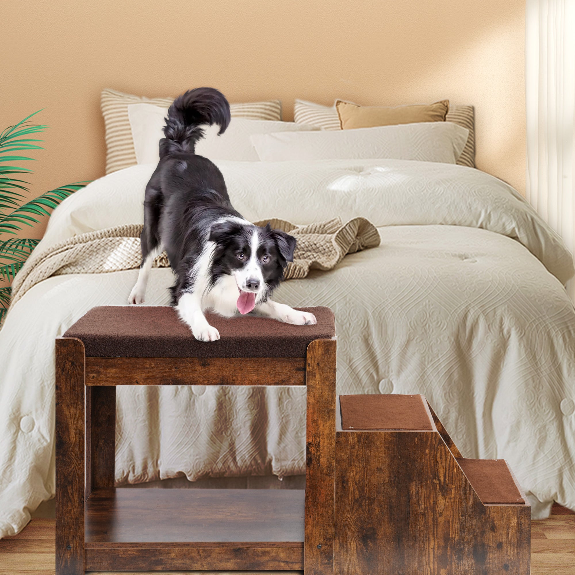 OMCPET Elevated Pet Bed with Stairs – Cozy Double-Layer Design for Small Pets