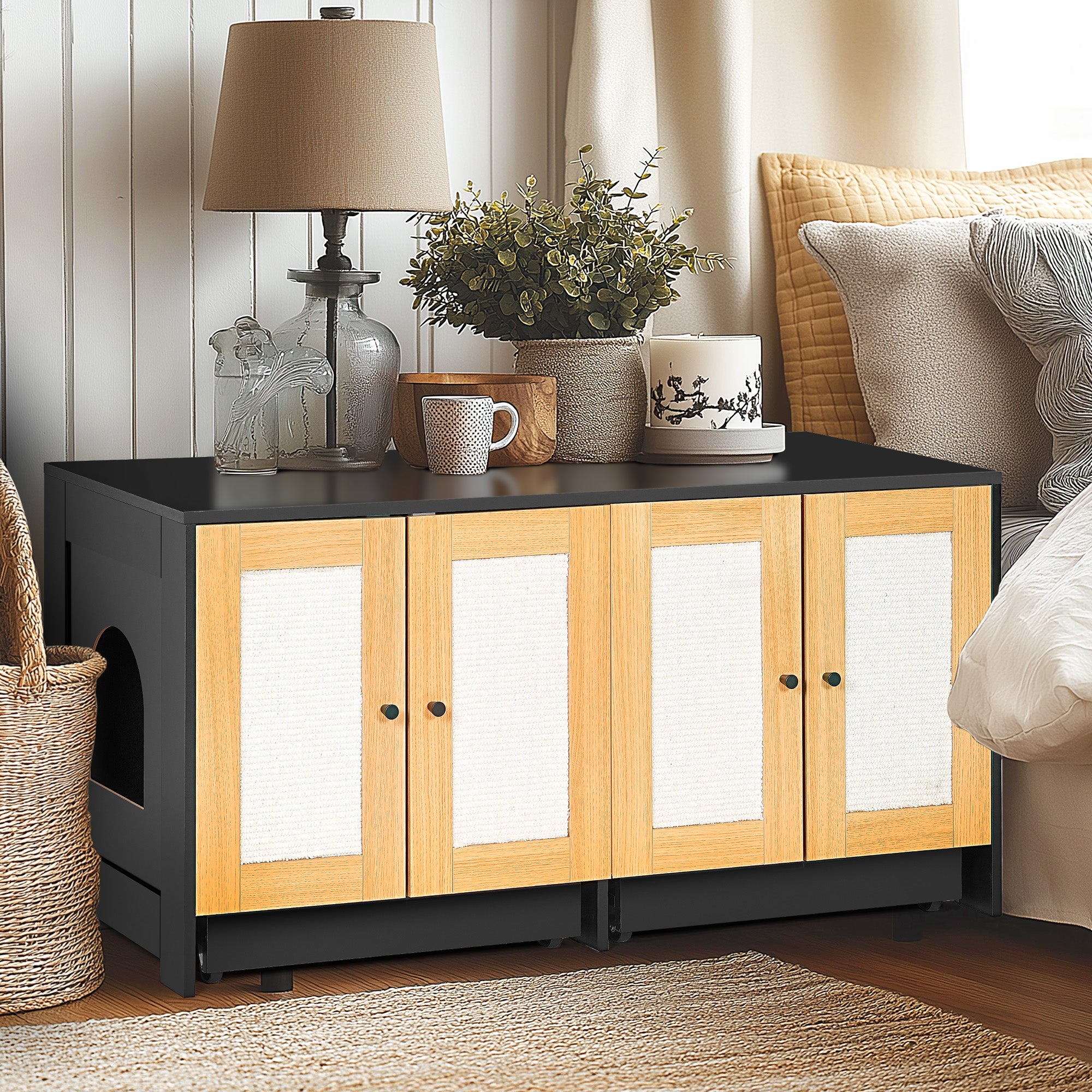 OMCPET Modern Litter Box Furniture for Two Cats – Enclosed Black Cat Cabinet