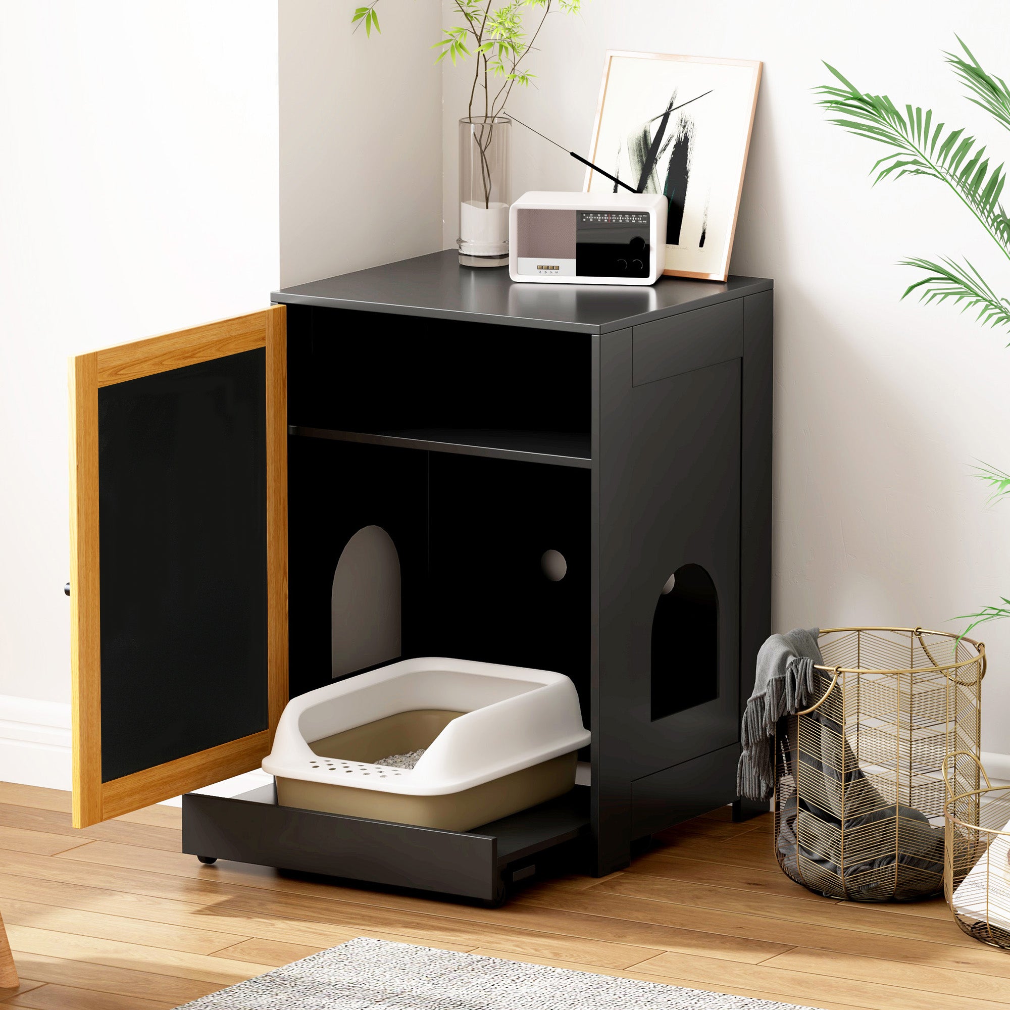OMCPET Hidden Cat Litter Box Furniture – Black Particle Board with Sisal Panel Door
