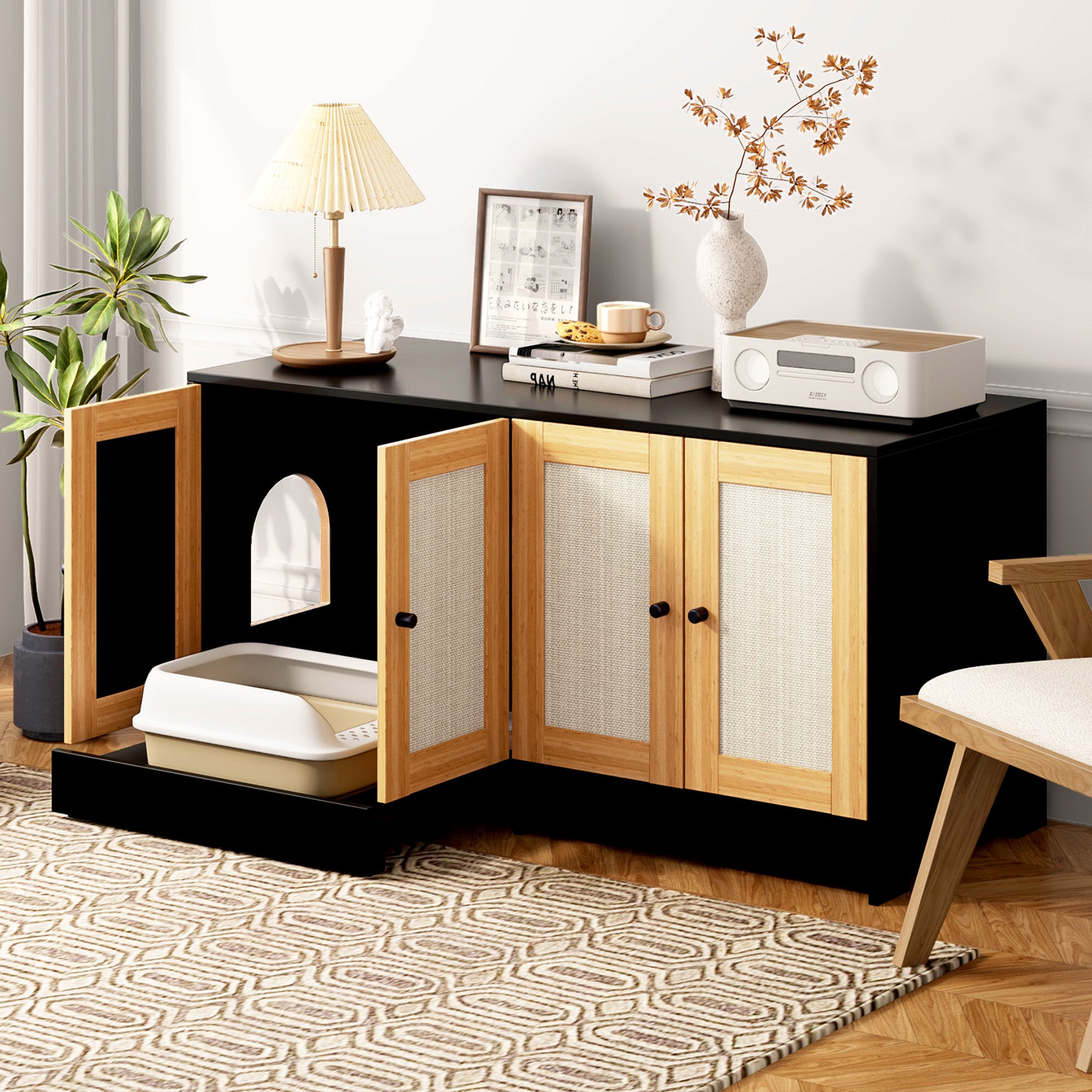 OMCPET Modern Litter Box Furniture for Two Cats – Enclosed Black Cat Cabinet