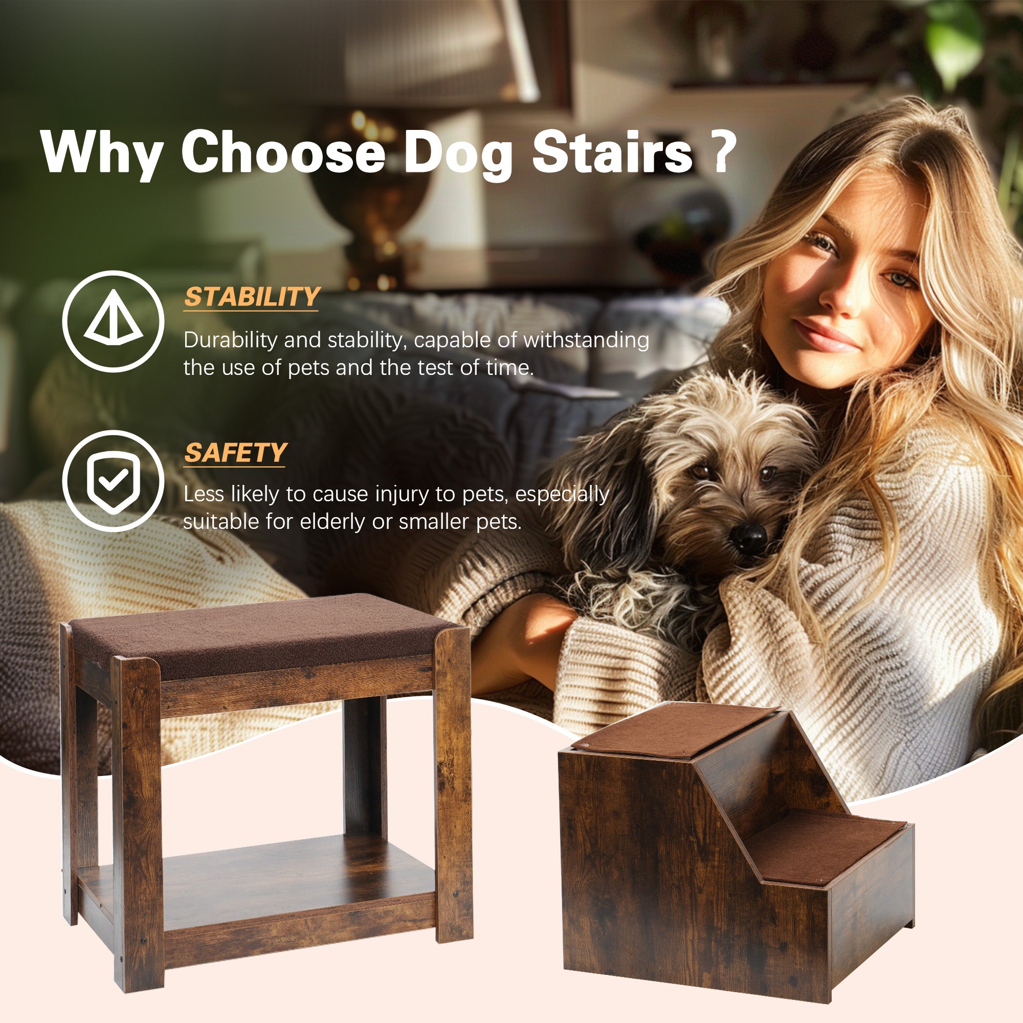 OMCPET Elevated Pet Bed with Stairs – Cozy Double-Layer Design for Small Pets