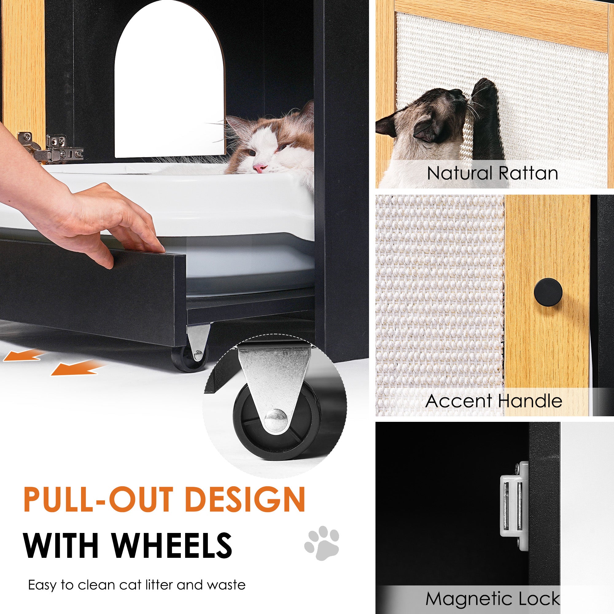 OMCPET Hidden Cat Litter Box Furniture – Black Particle Board with Sisal Panel Door
