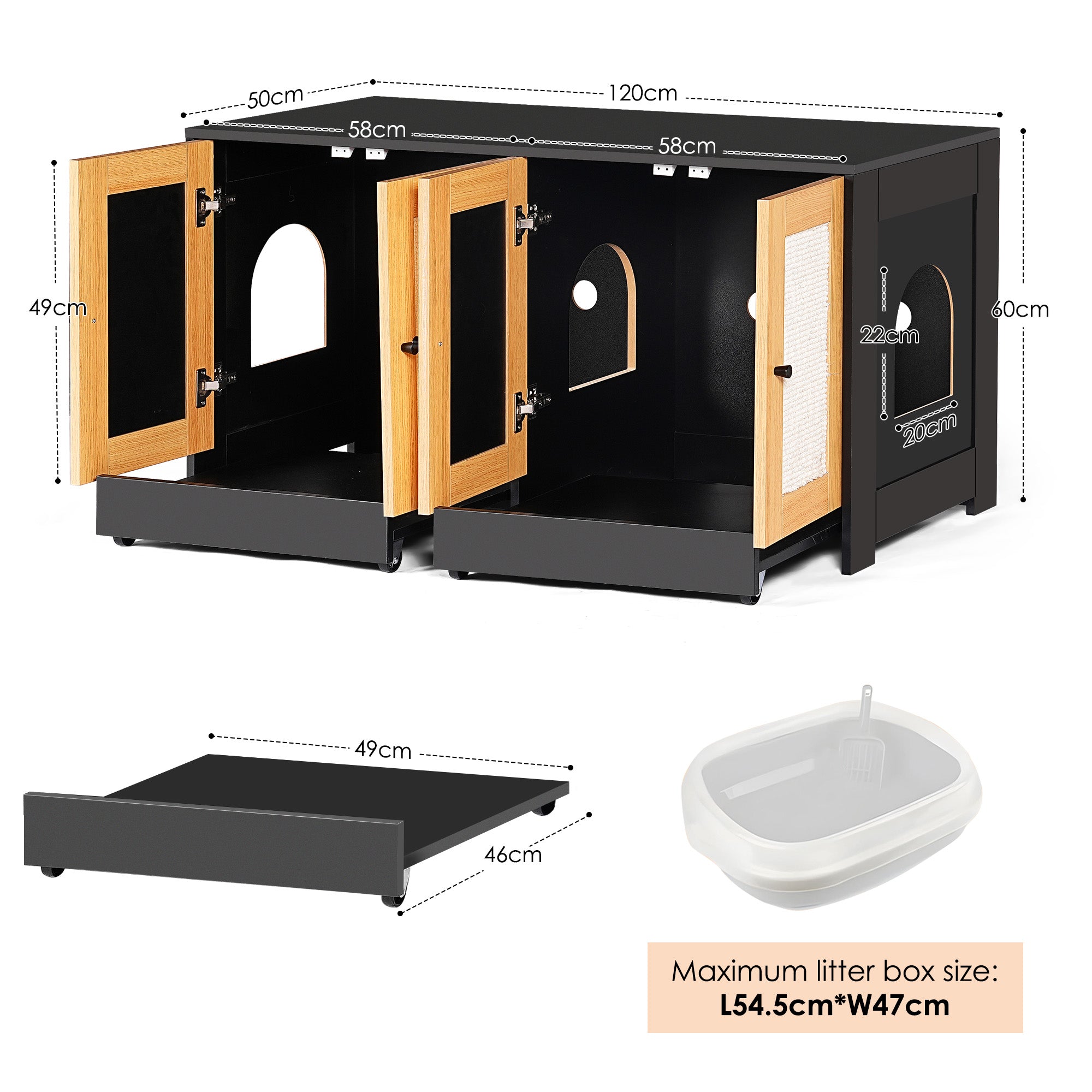 OMCPET Modern Litter Box Furniture for Two Cats – Enclosed Black Cat Cabinet