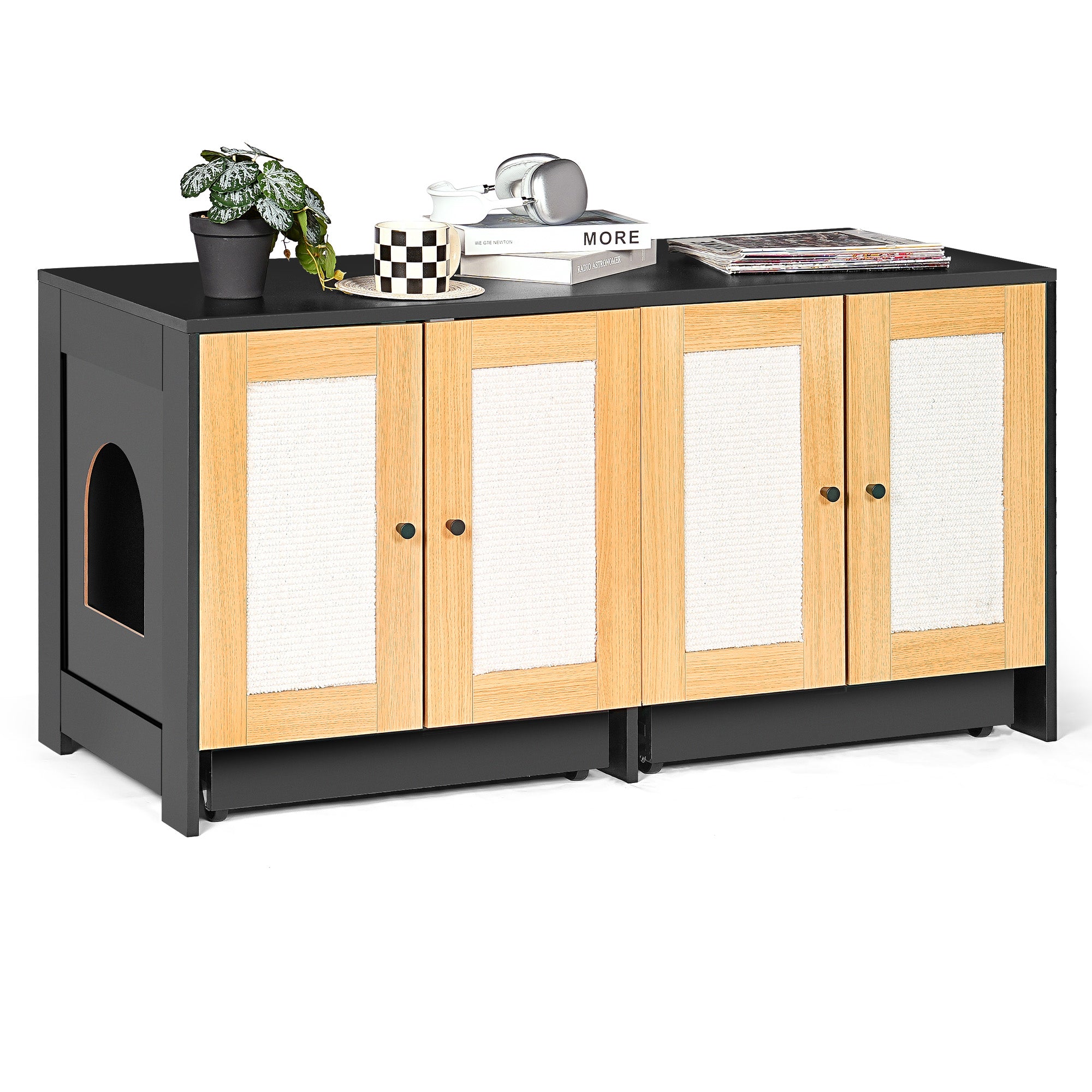 OMCPET Modern Litter Box Furniture for Two Cats – Enclosed Black Cat Cabinet
