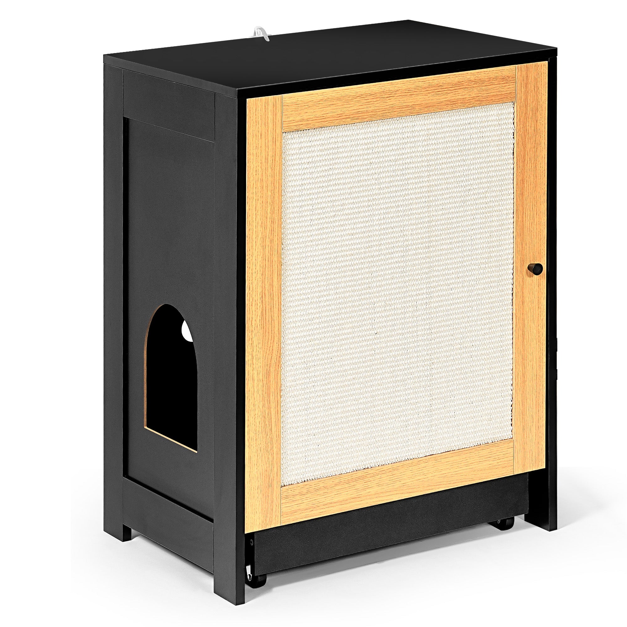 OMCPET Hidden Cat Litter Box Furniture – Black Particle Board with Sisal Panel Door