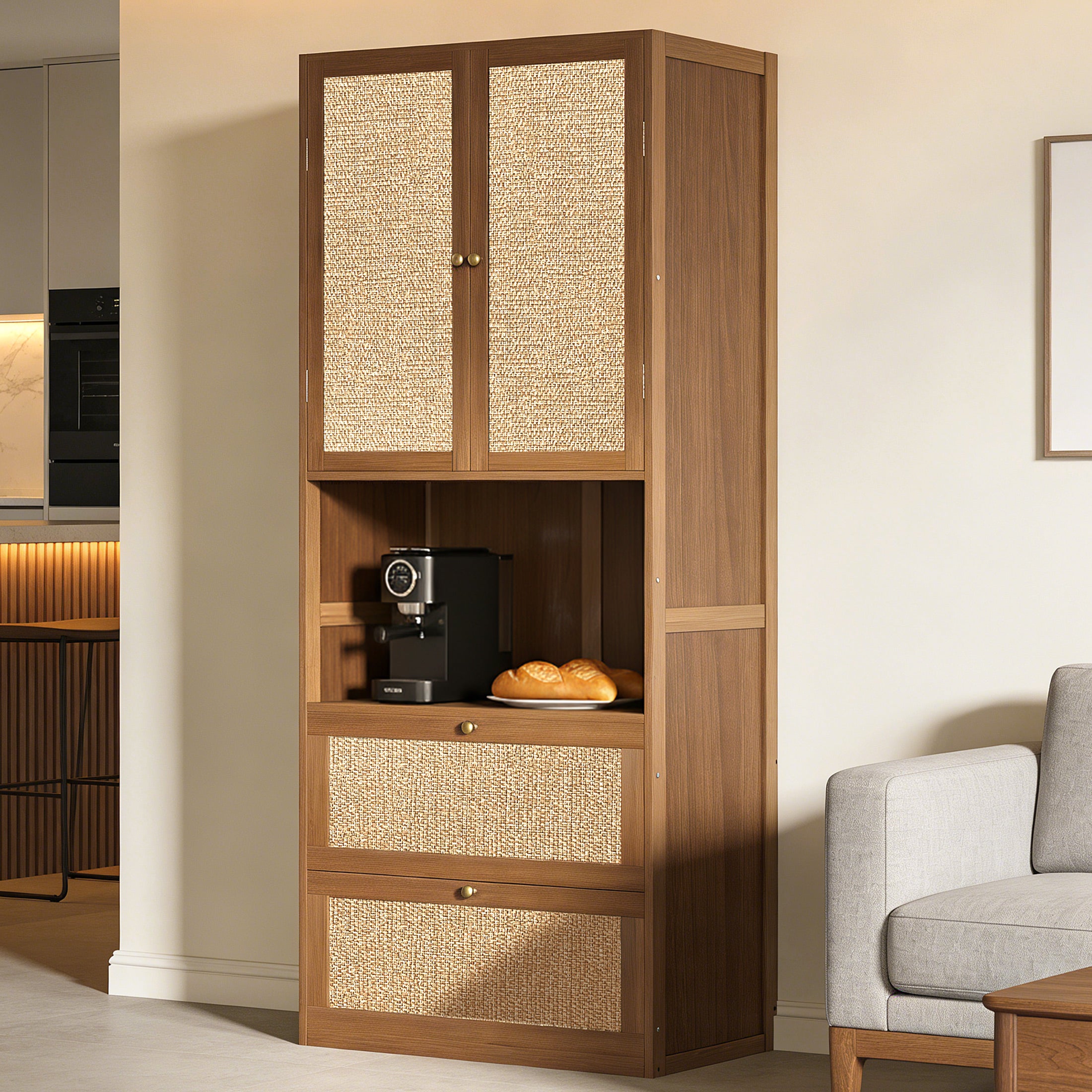 CATLK 72.8" H Rattan Pantry Storage Cabinet with 3 Drawers, Bookshelf with USB Port, with 2 Doors, Cupboard, Kitchen Cabinet, for Living Room, Entryway