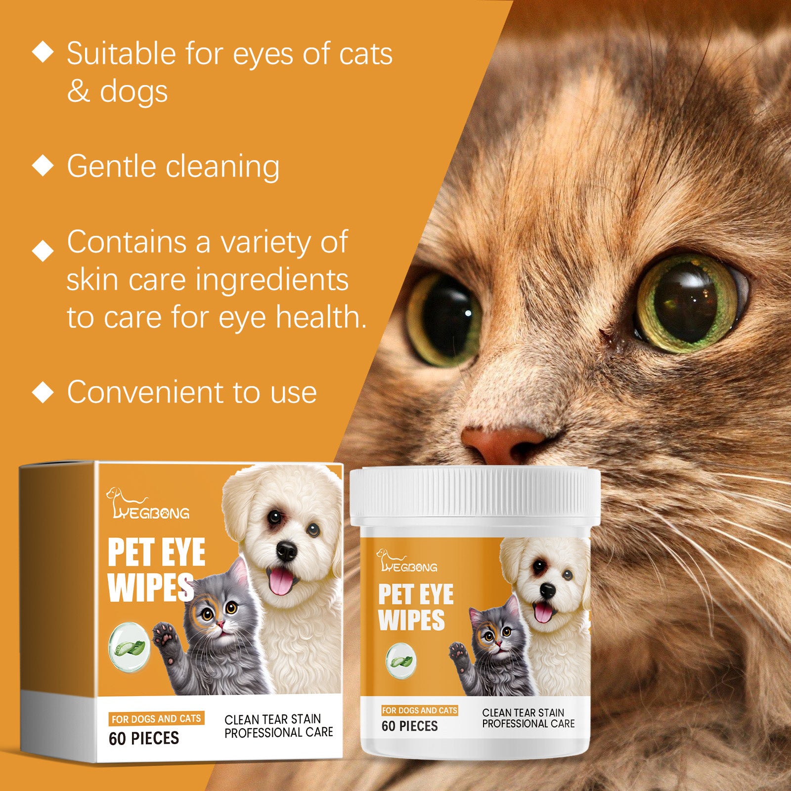 Yegbong Pet Eye Wipes – Tear Stain Remover for Dogs & Cats