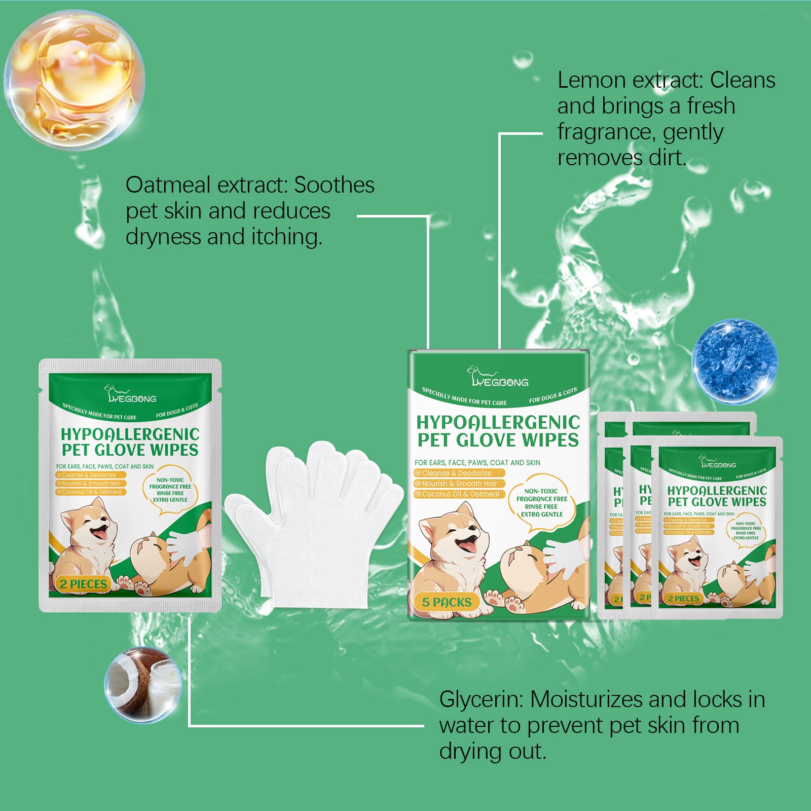 Yegbong Pet Cleaning Gloves – Disposable Grooming Wipes for Cats & Dogs