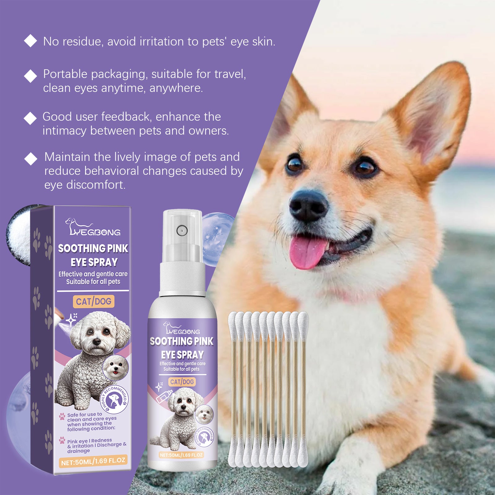 Yegbong Pet Eye Care Spray – Gentle Tear Stain Remover & Moisturizing Cleaner