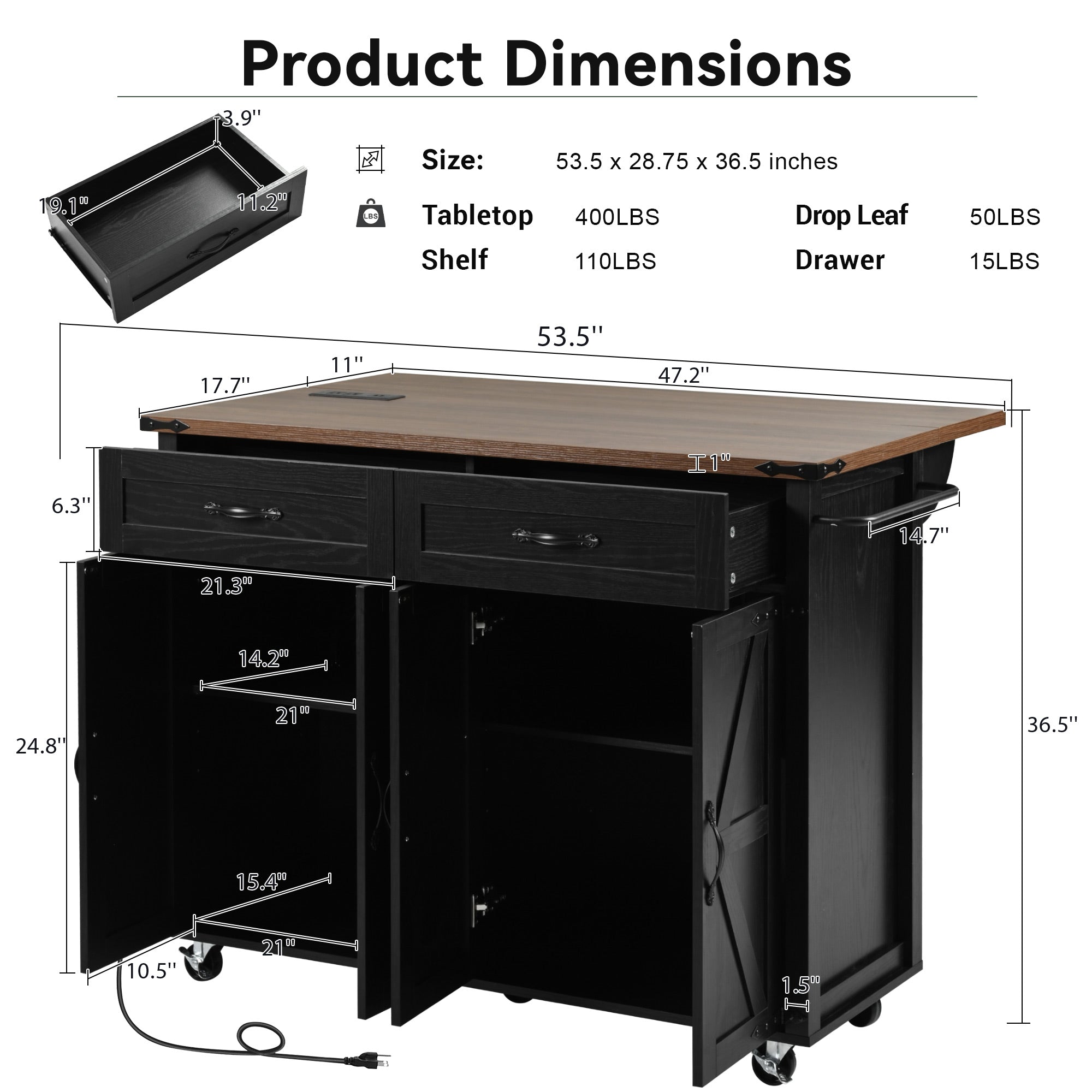 K&K 53.5" Black Farmhouse Kitchen Island with Power Outlet, Drop Leaf & Storage