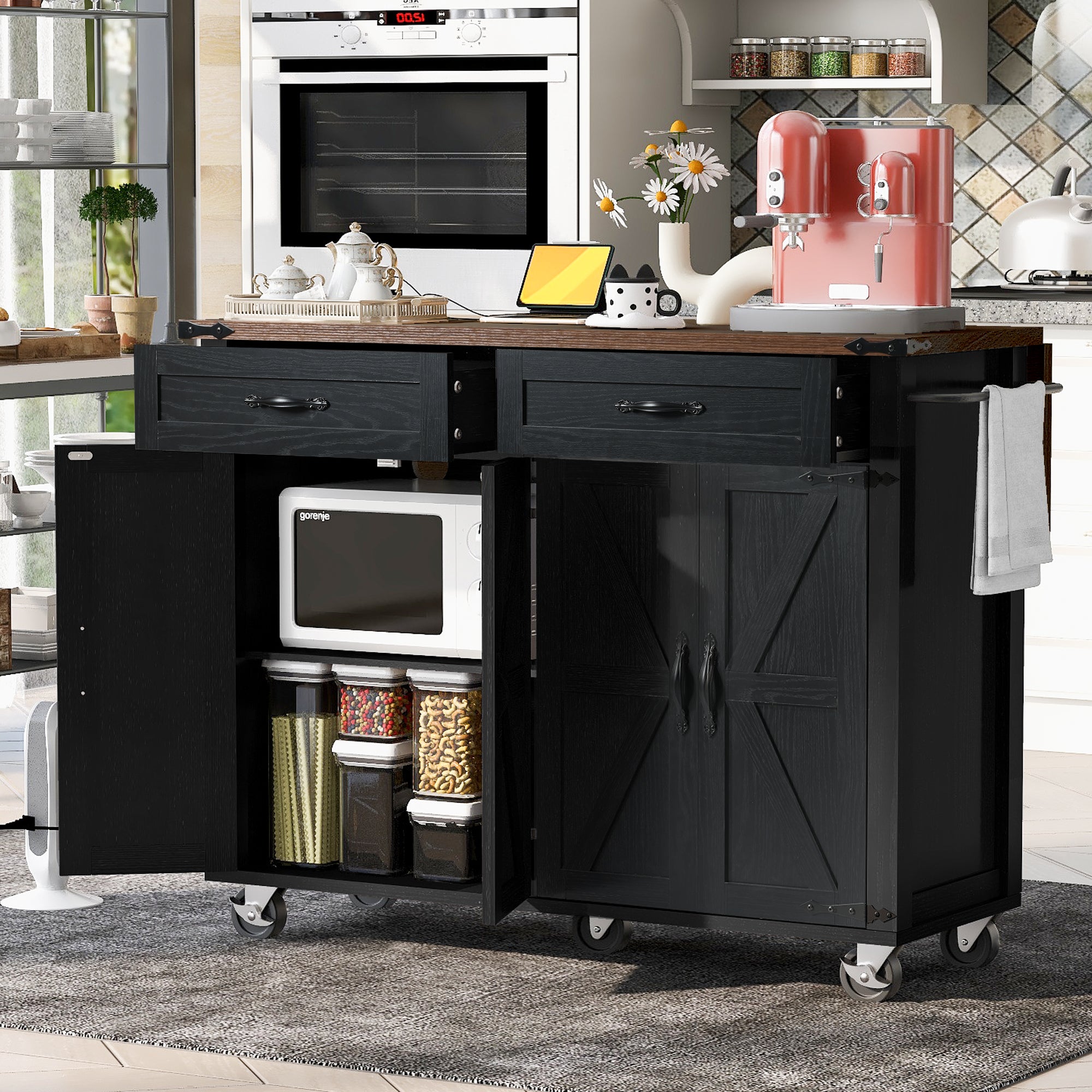 K&K 53.5" Black Farmhouse Kitchen Island with Power Outlet, Drop Leaf & Storage
