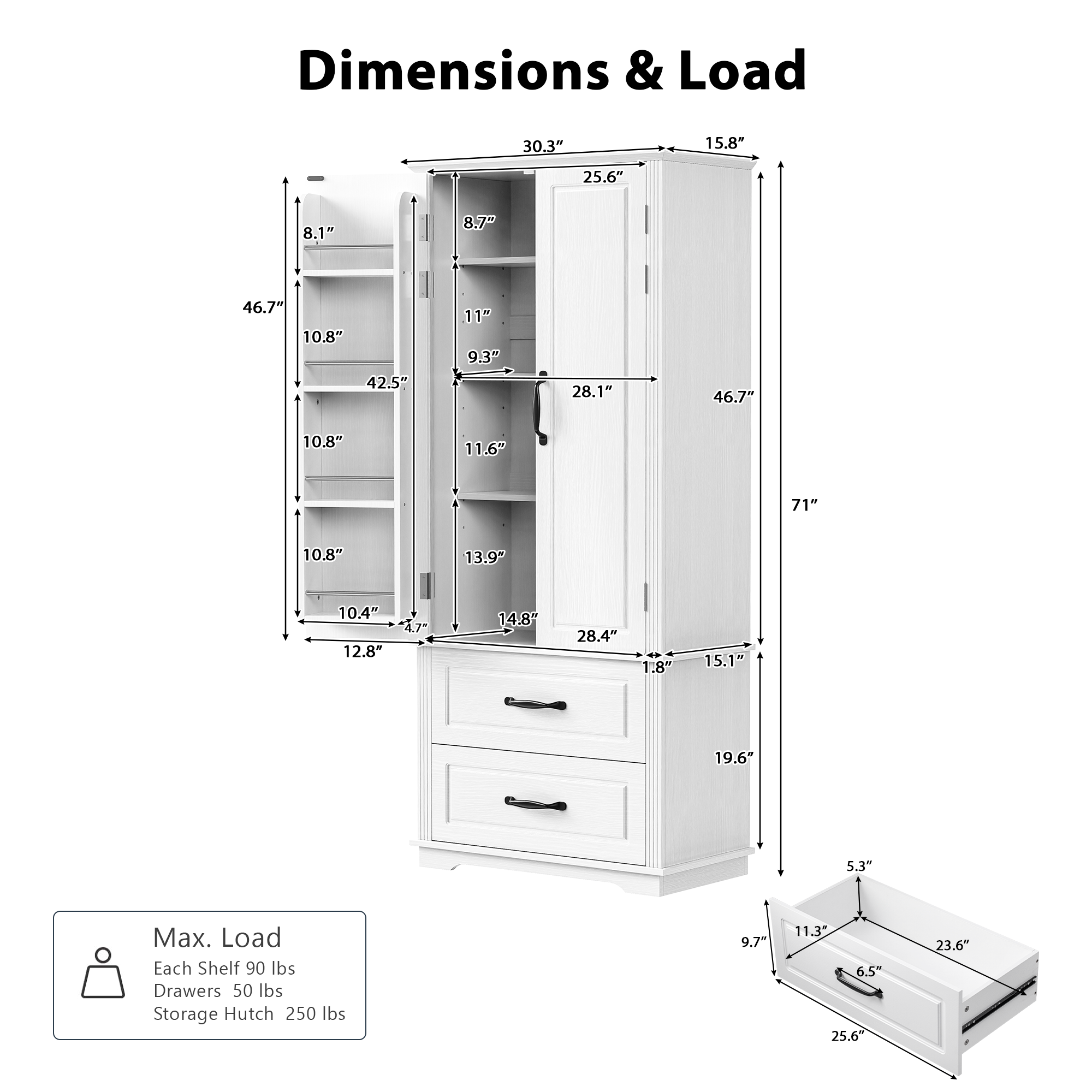 K&K 71" Farmhouse Kitchen Pantry Cabinet with Storage, White