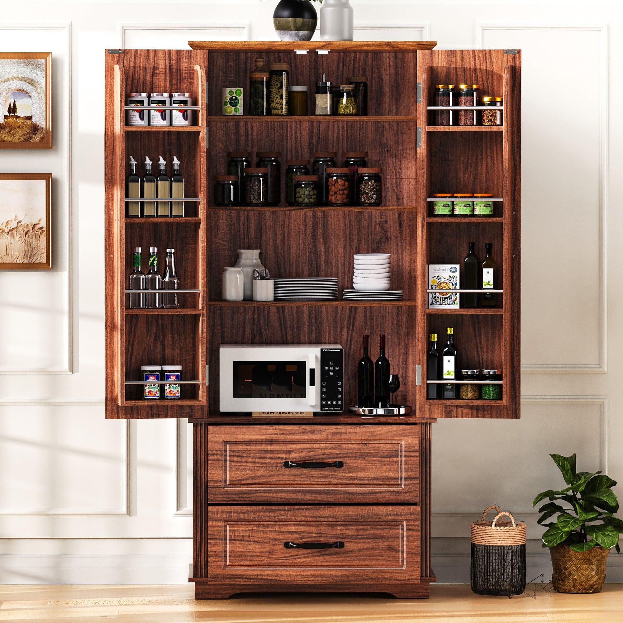 K&K 71" Farmhouse Kitchen Pantry Cabinet with Storage Brown