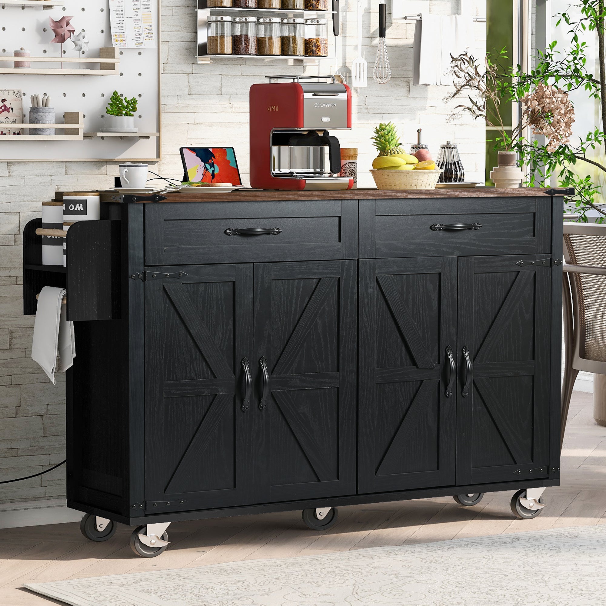 K&K 53.5" Black Farmhouse Kitchen Island with Power Outlet, Drop Leaf & Storage