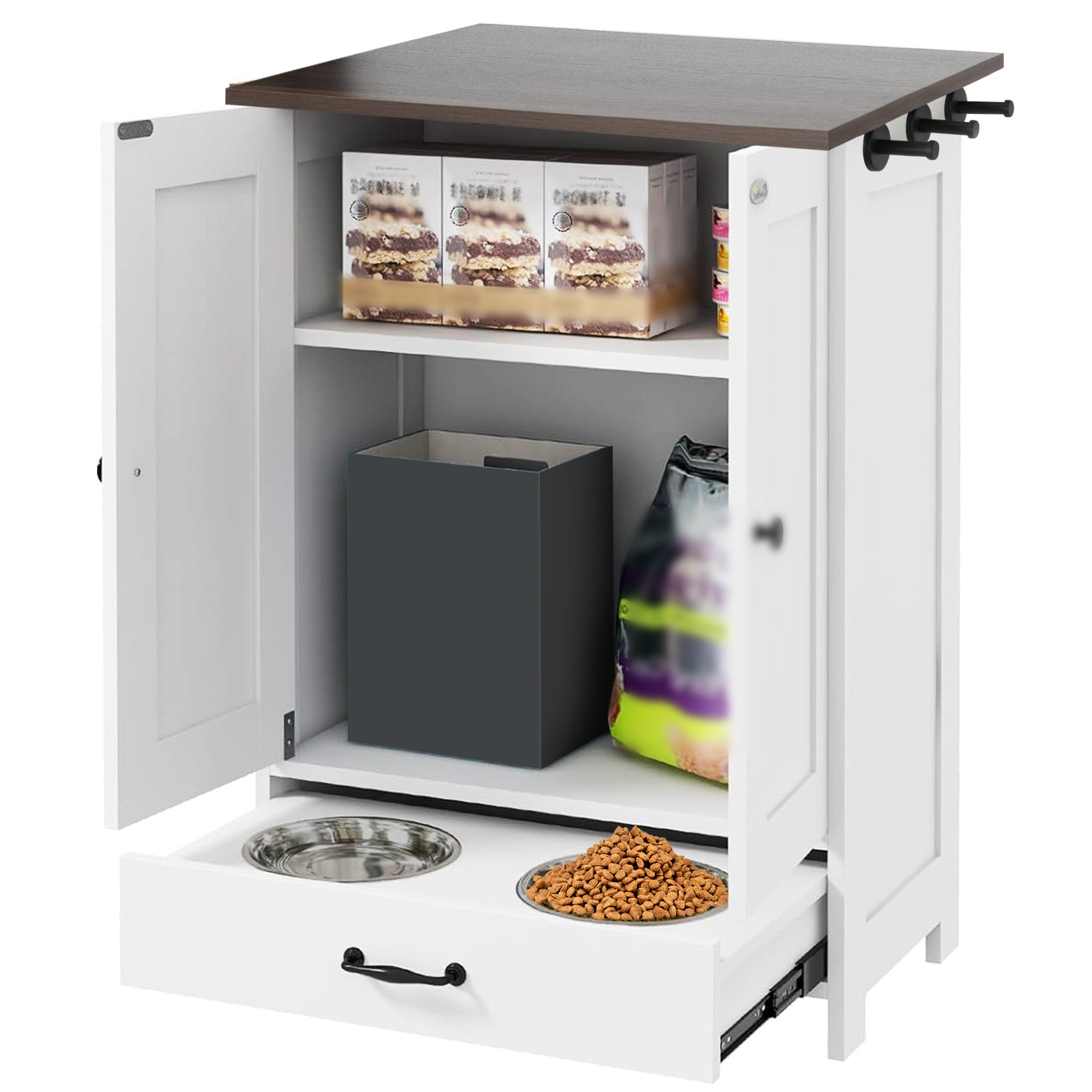 OMCPET Elevated Dog Food Station – Hidden Dog Bowls with Storage & Hooks for Medium Breeds