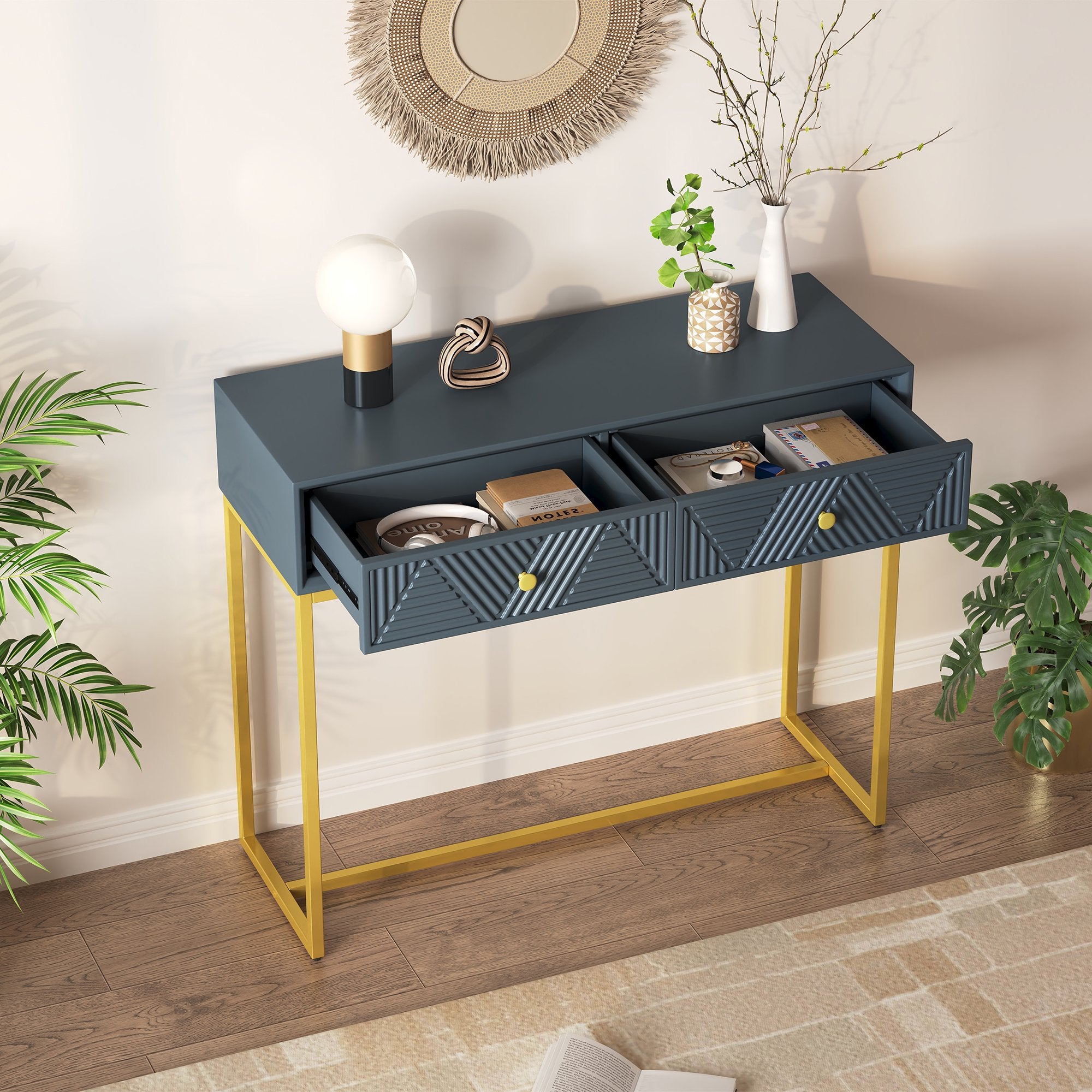 OMCHOM Modern Console Table with 2 Drawers - Sleek Narrow Entryway Table, Wood Sofa Table with Storage & Stripe Design for Living Room & Hallway