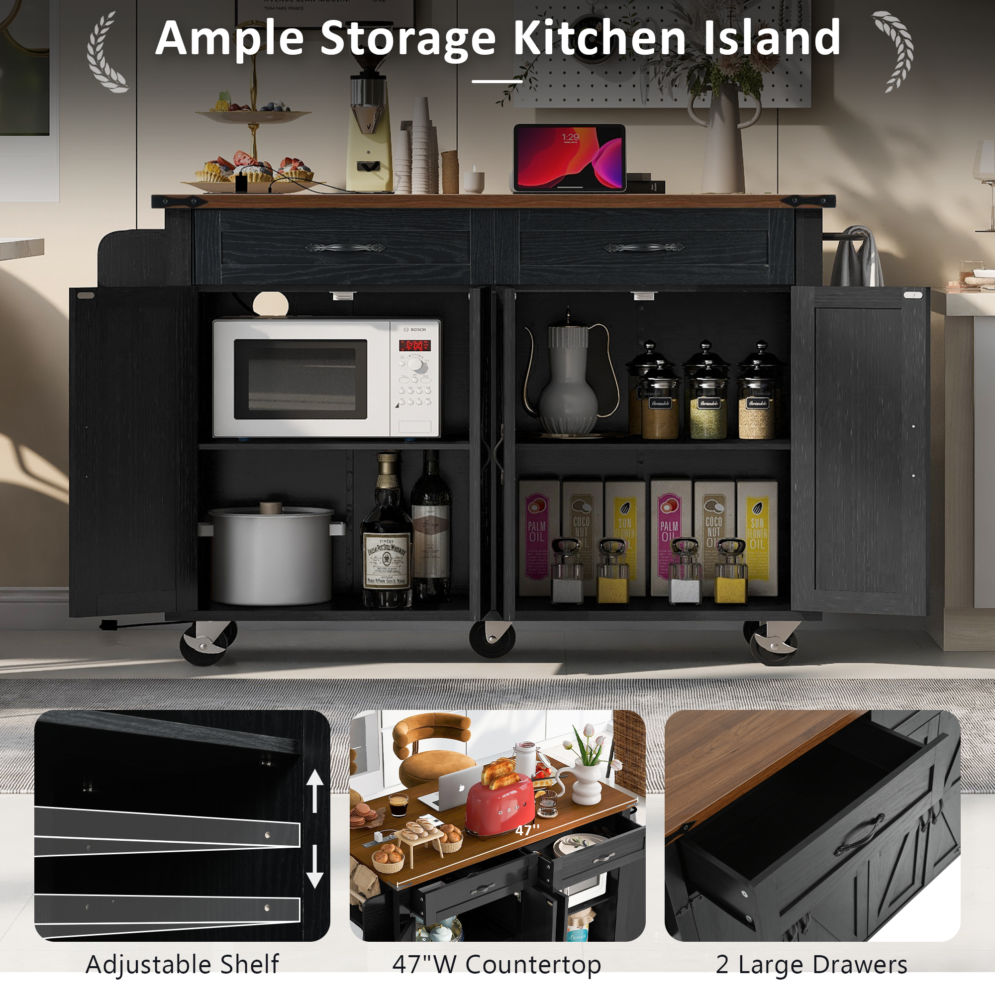 K&K 53.5" Black Farmhouse Kitchen Island with Power Outlet, Drop Leaf & Storage