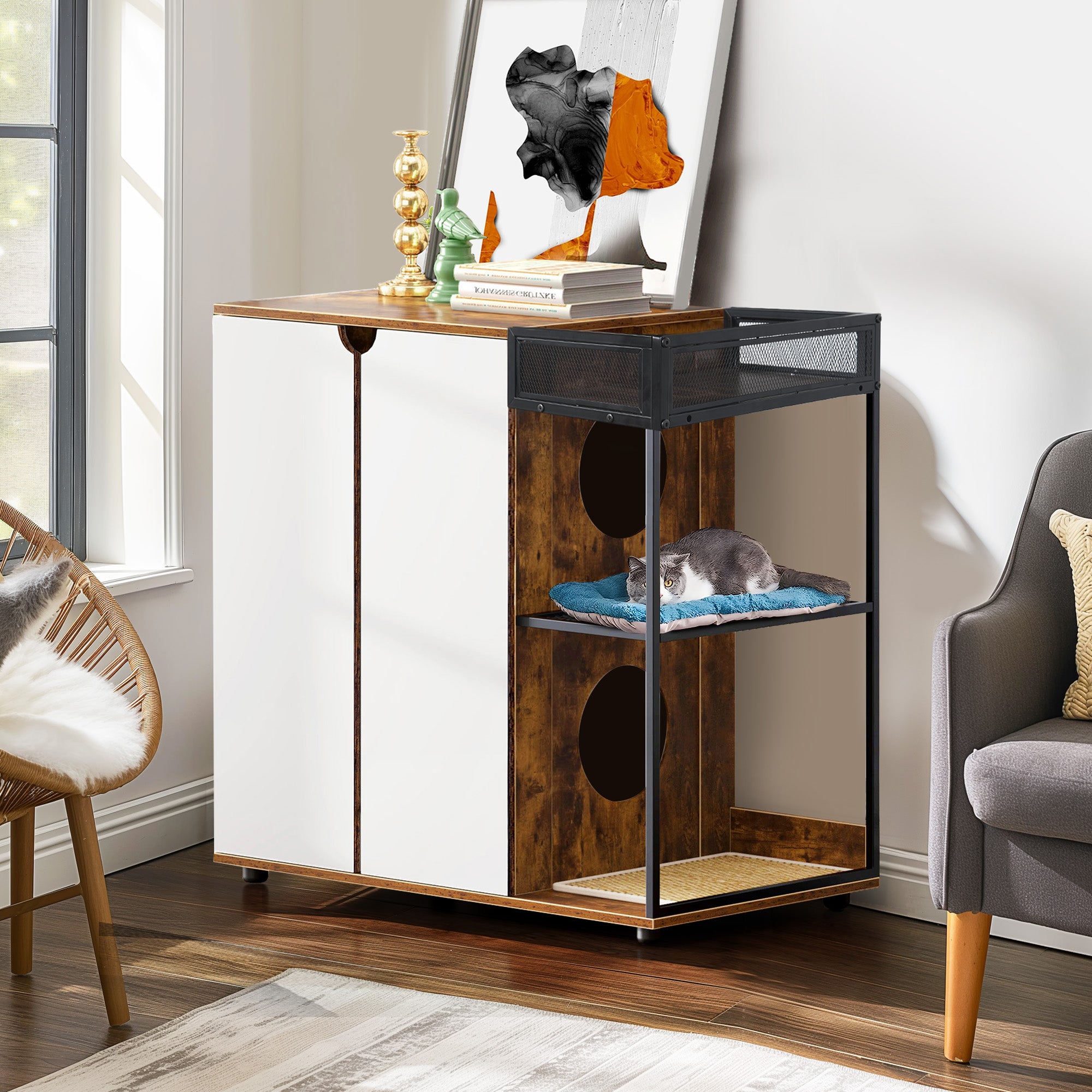 OMCPET Cat Litter Box Enclosure – Multi-Cat Cabinet with Hidden Storage Design