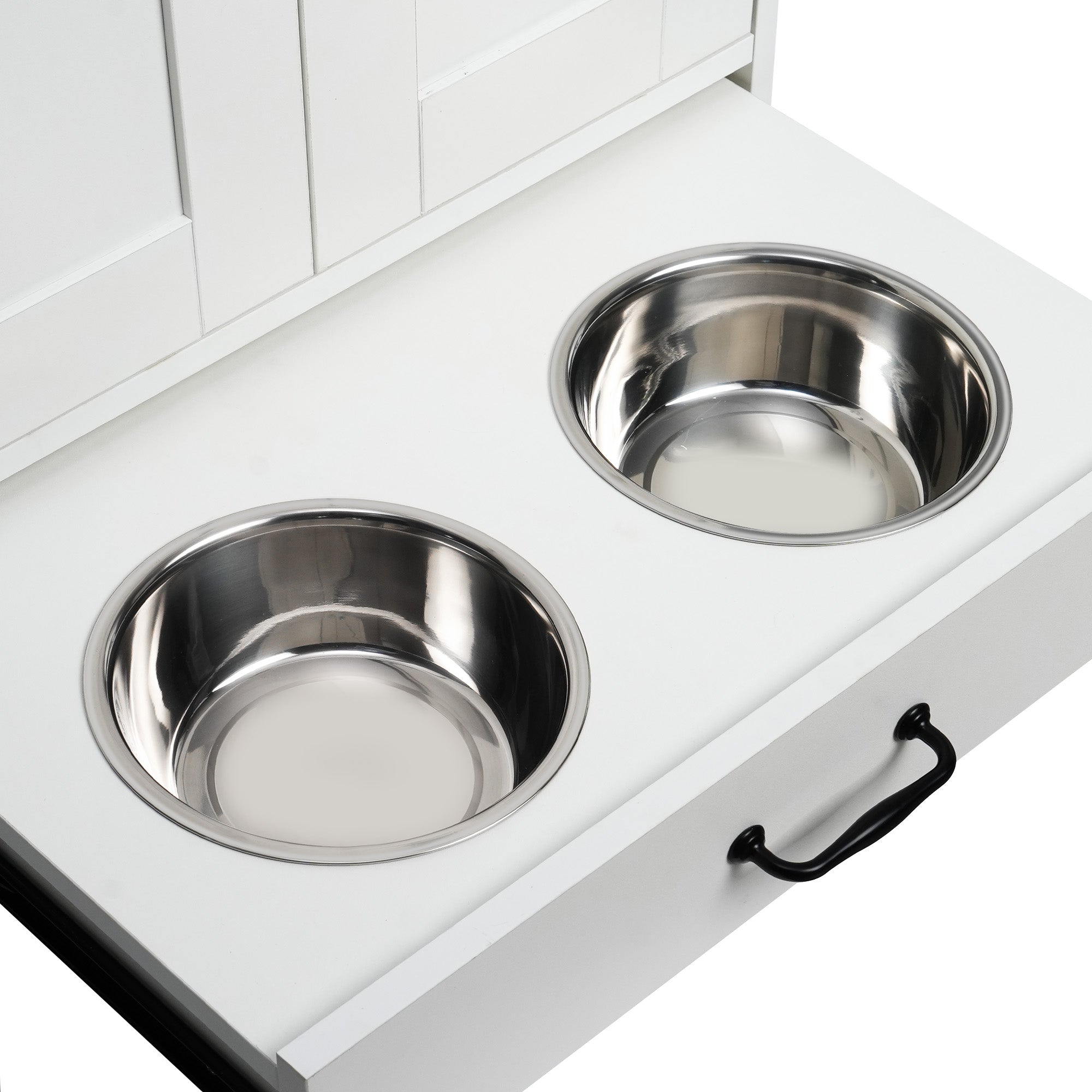 OMCPET Elevated Dog Food Station – Hidden Dog Bowls with Storage & Hooks for Medium Breeds