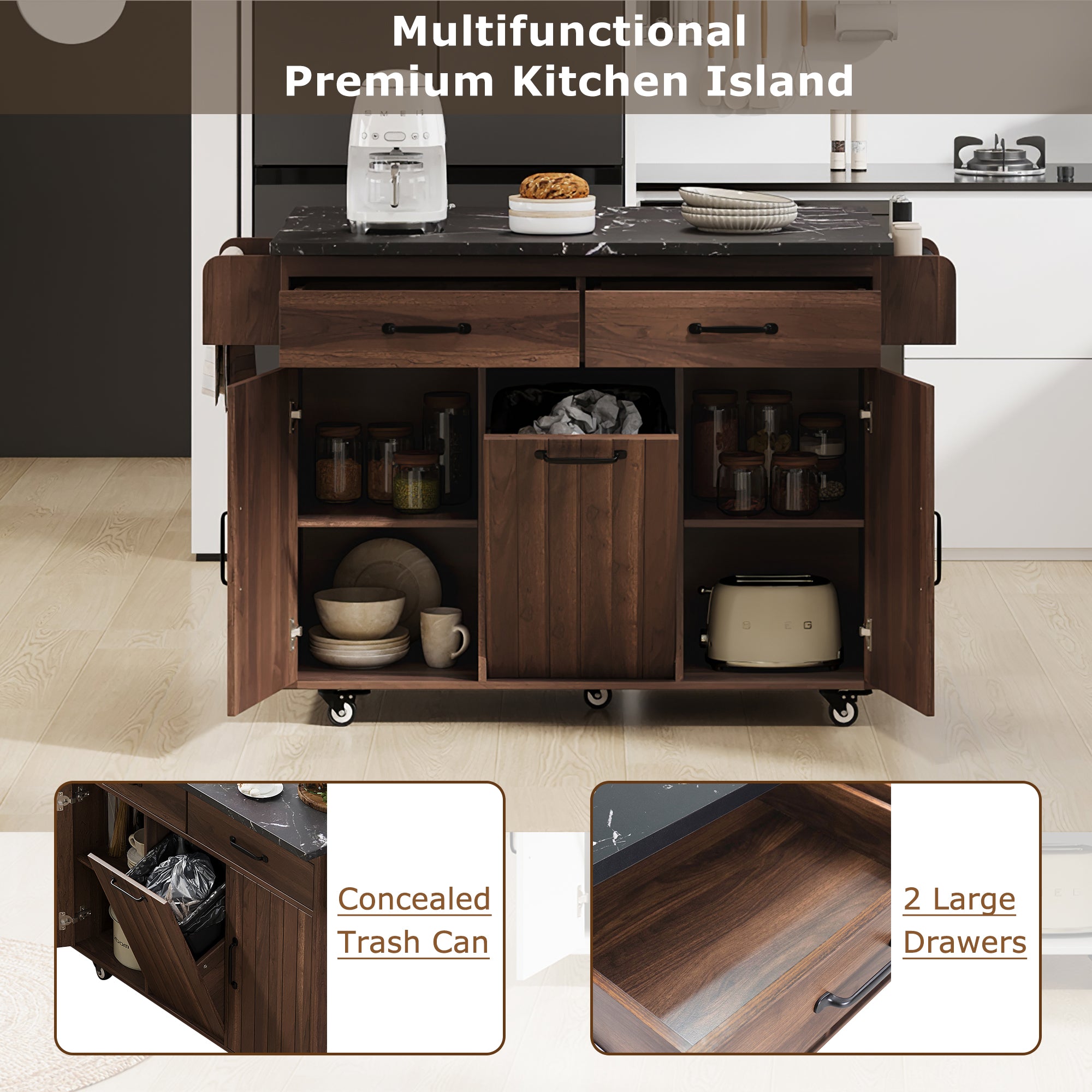 K&K Walnut Brown Kitchen Island Cart with Drop Leaf & Tilt-Out Trash Cabinet