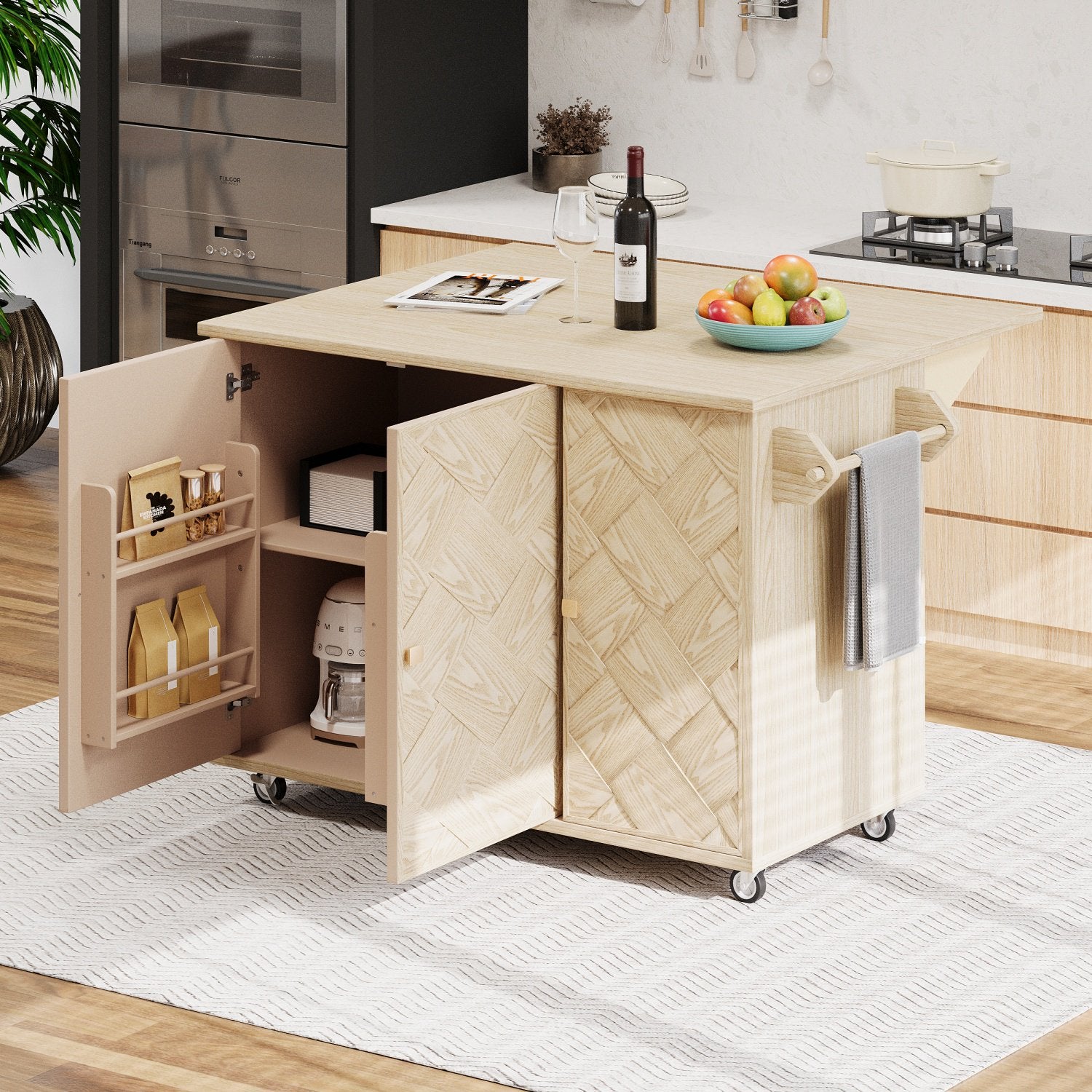 OMCHOM 51.2" Kitchen Island with Folding Drop Leaf,Rolling Cart Table with Storage and Towel Rack