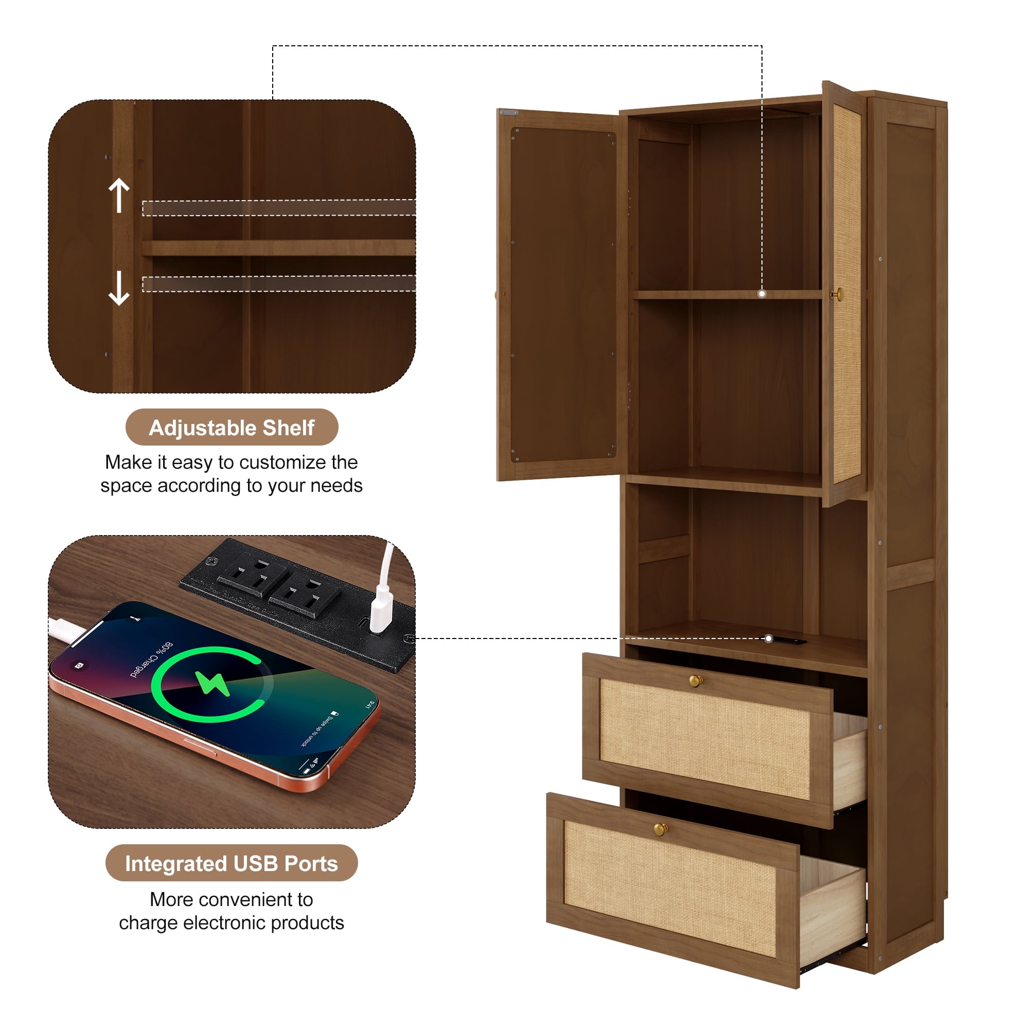 OMCHOM 73" Tall Kitchen Pantry Storage Cabinet with 2 Doors 2 Drawers and Charging Station