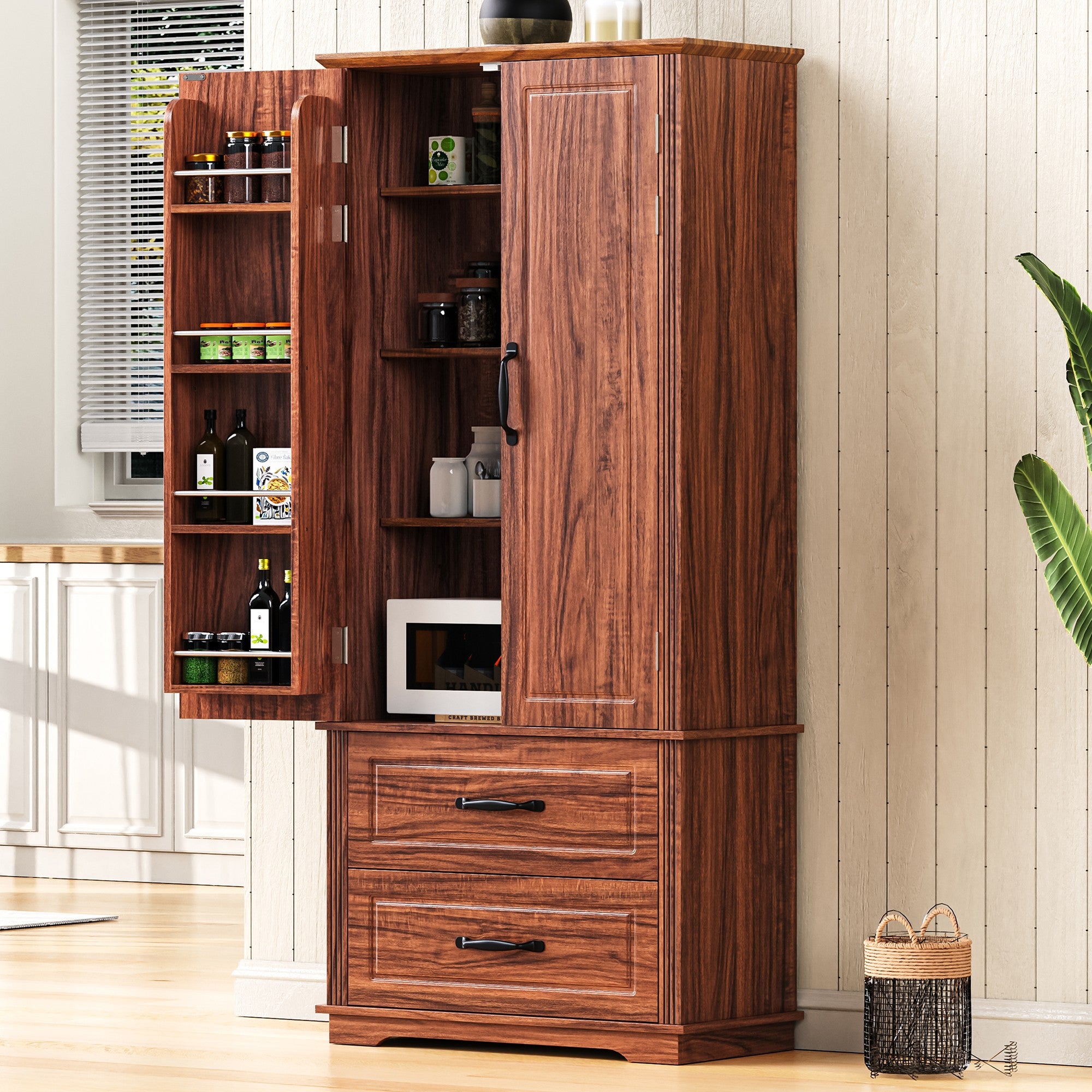 K&K 71" Farmhouse Kitchen Pantry Cabinet with Storage Brown