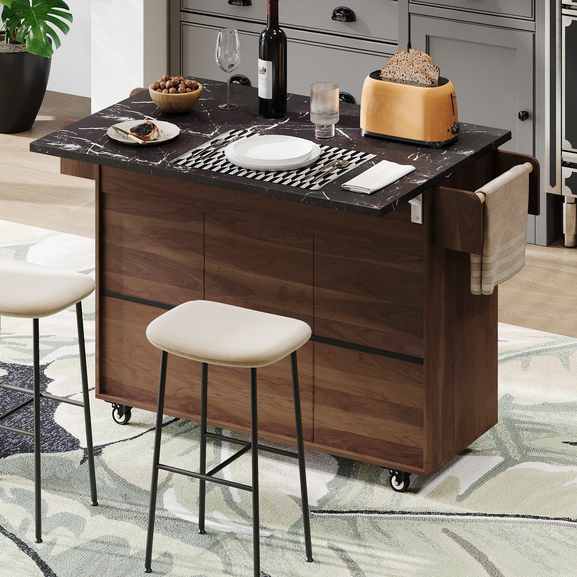 K&K Walnut Brown Kitchen Island Cart with Drop Leaf & Tilt-Out Trash Cabinet