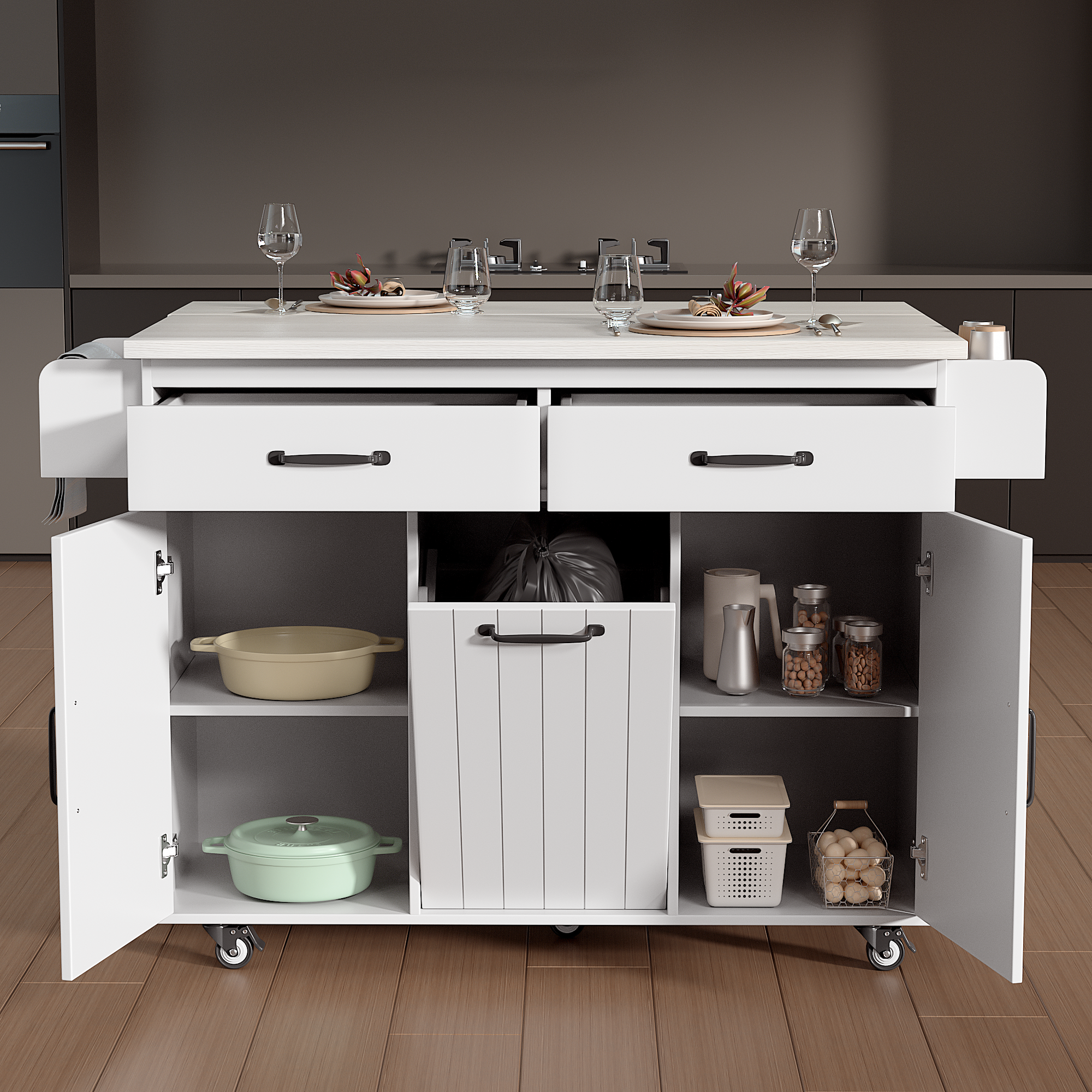 K&K White Rolling Kitchen Island with Trash Cabinet, Drop Leaf, Storage & Shelves