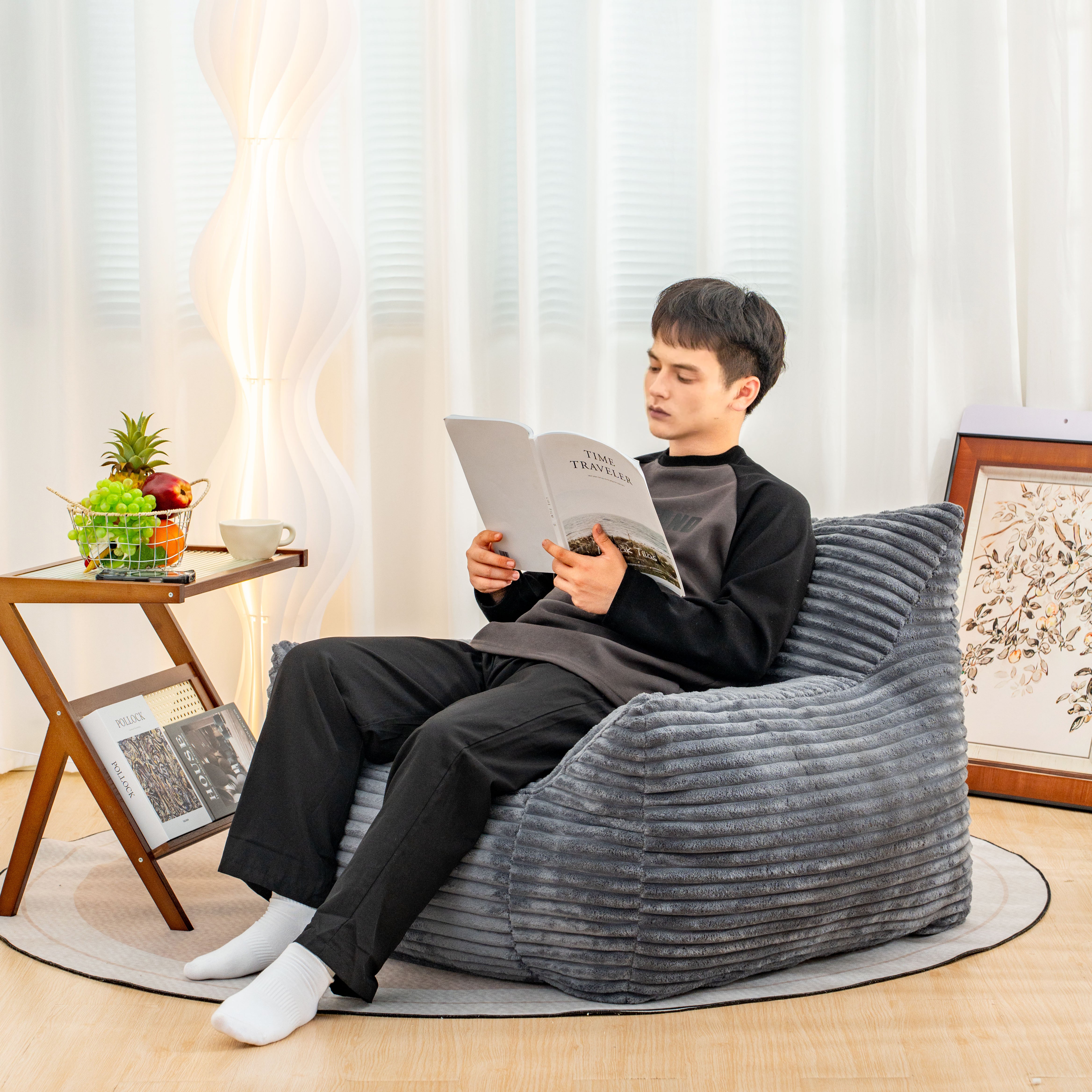 Oversized Beige Beanbag Lounge Chair – Cozy Adult Floor Sofa