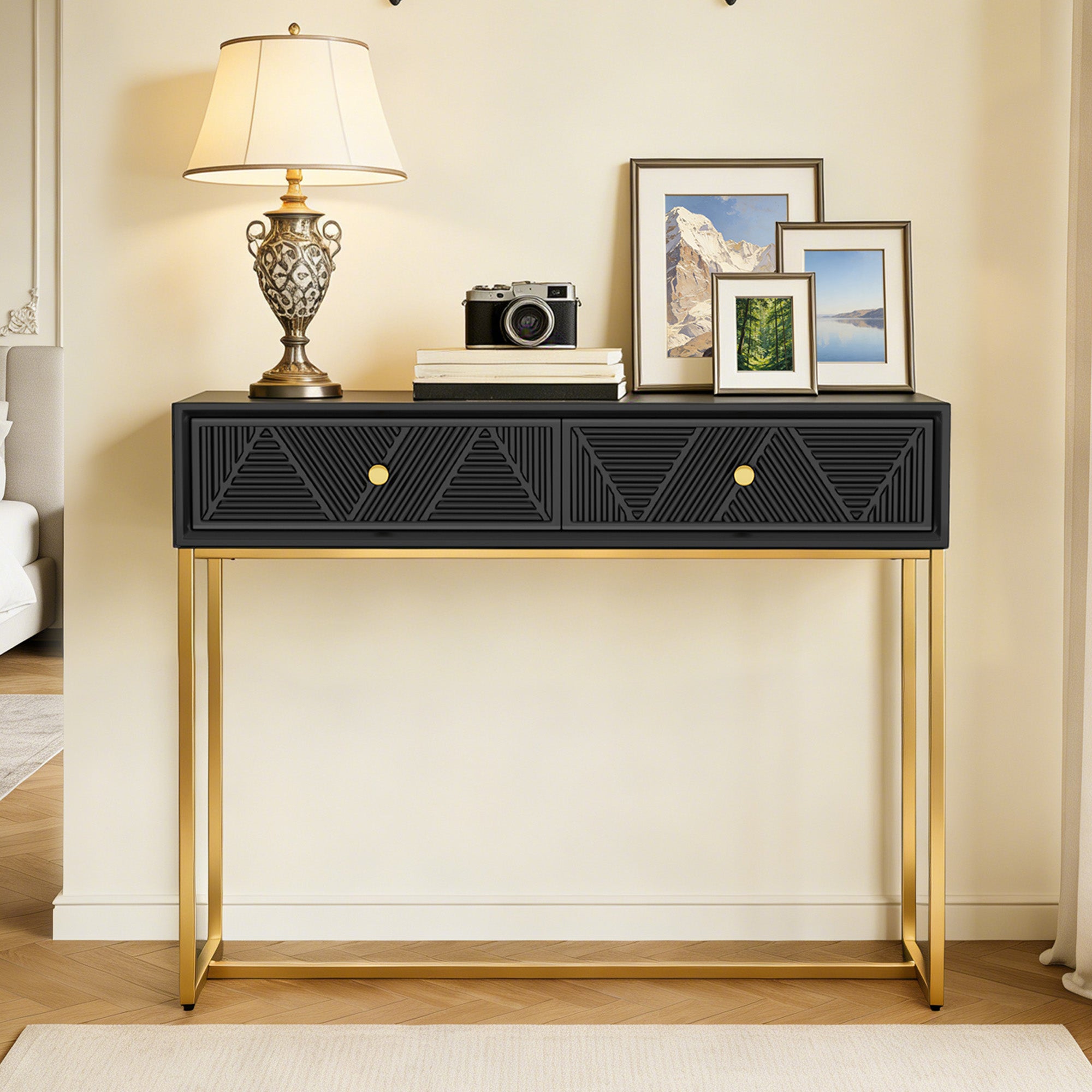 CATLK 38" Console Table with Stripe Design Drawers - Narrow Entryway Table, Wood Sofa Table with Gold Metal Legs for Living Room & Hallway