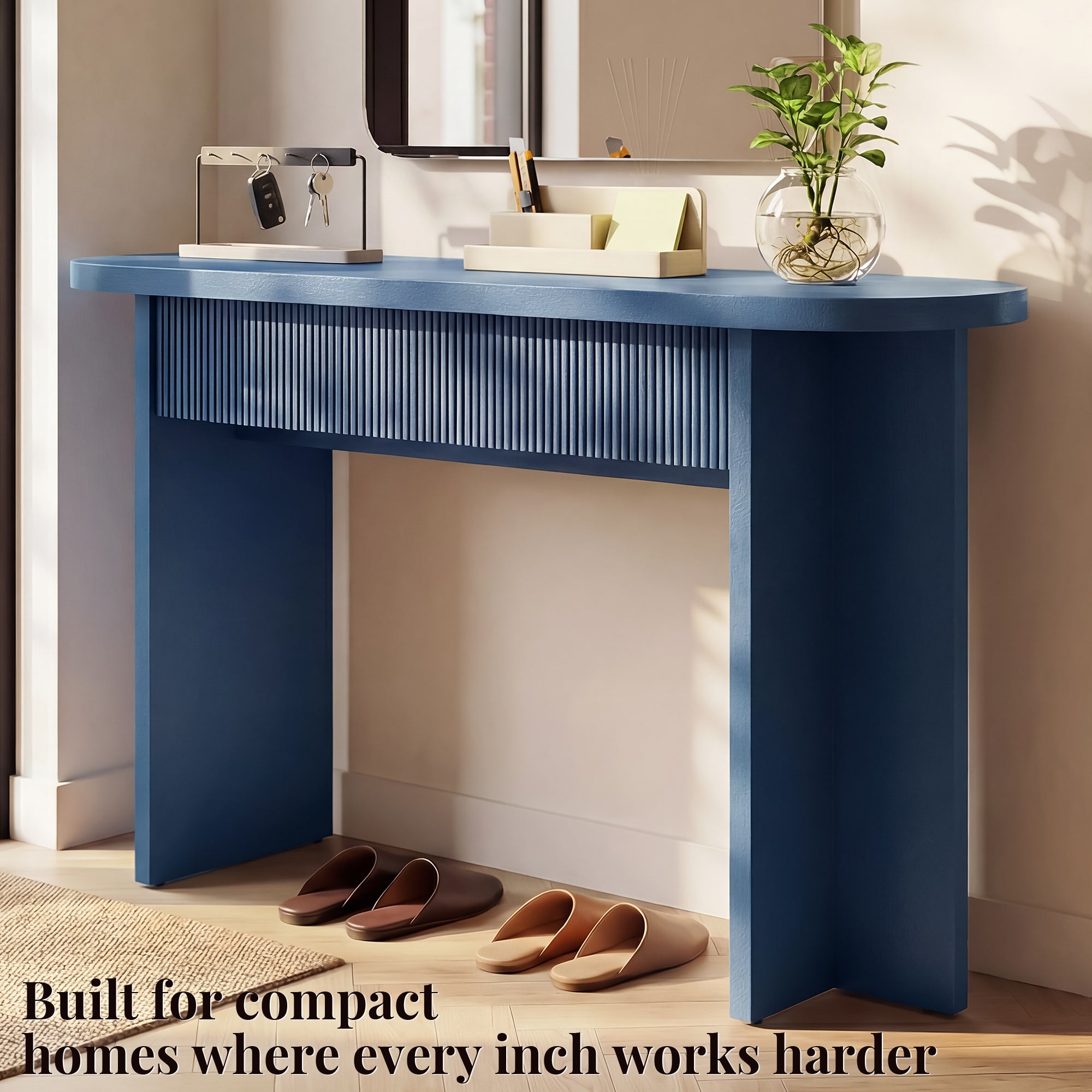 OMCHOM 55” Accent Console Table with Front Apron, Minimalist Style Entrance Table, Open Storage Sofa Table for Entrance, Hallway, Living Room, Bedroom, Dining Room, Corridor, Black