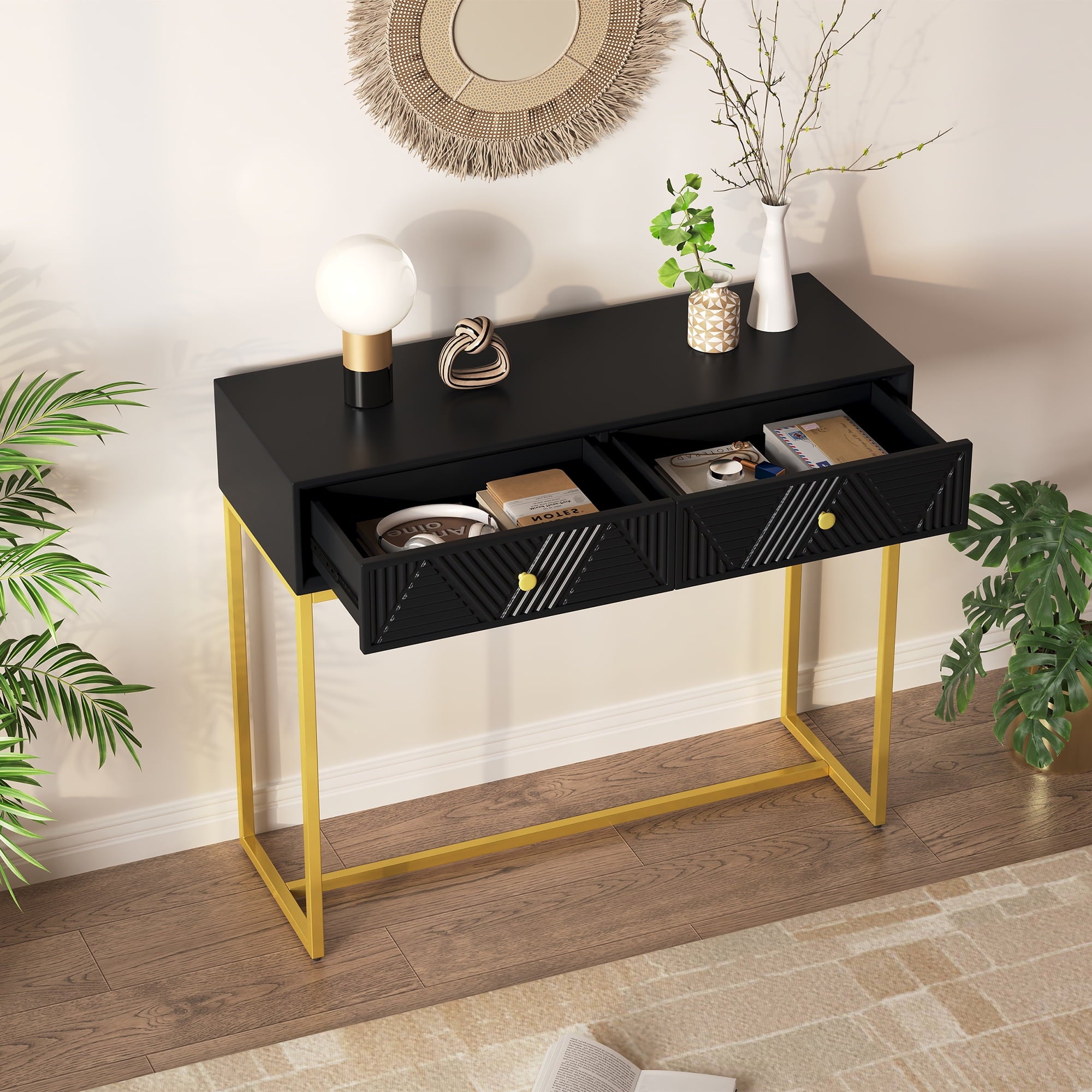 OMCHOM Modern Console Table with 2 Drawers - Sleek Narrow Entryway Table, Wood Sofa Table with Storage & Stripe Design for Living Room & Hallway
