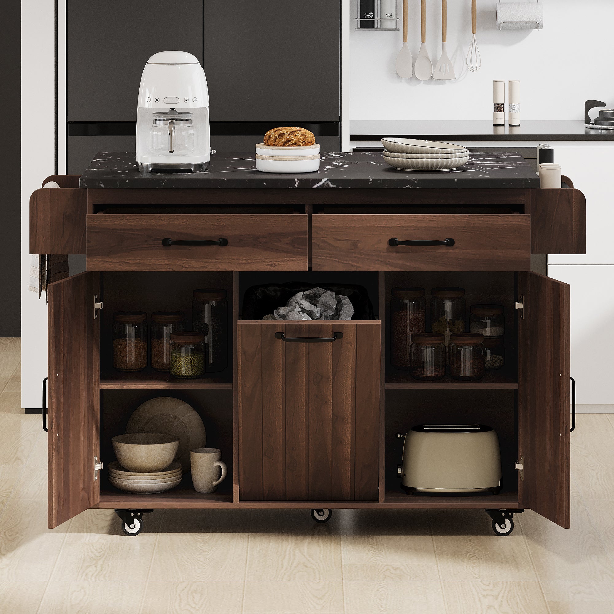 K&K Walnut Brown Kitchen Island Cart with Drop Leaf & Tilt-Out Trash Cabinet
