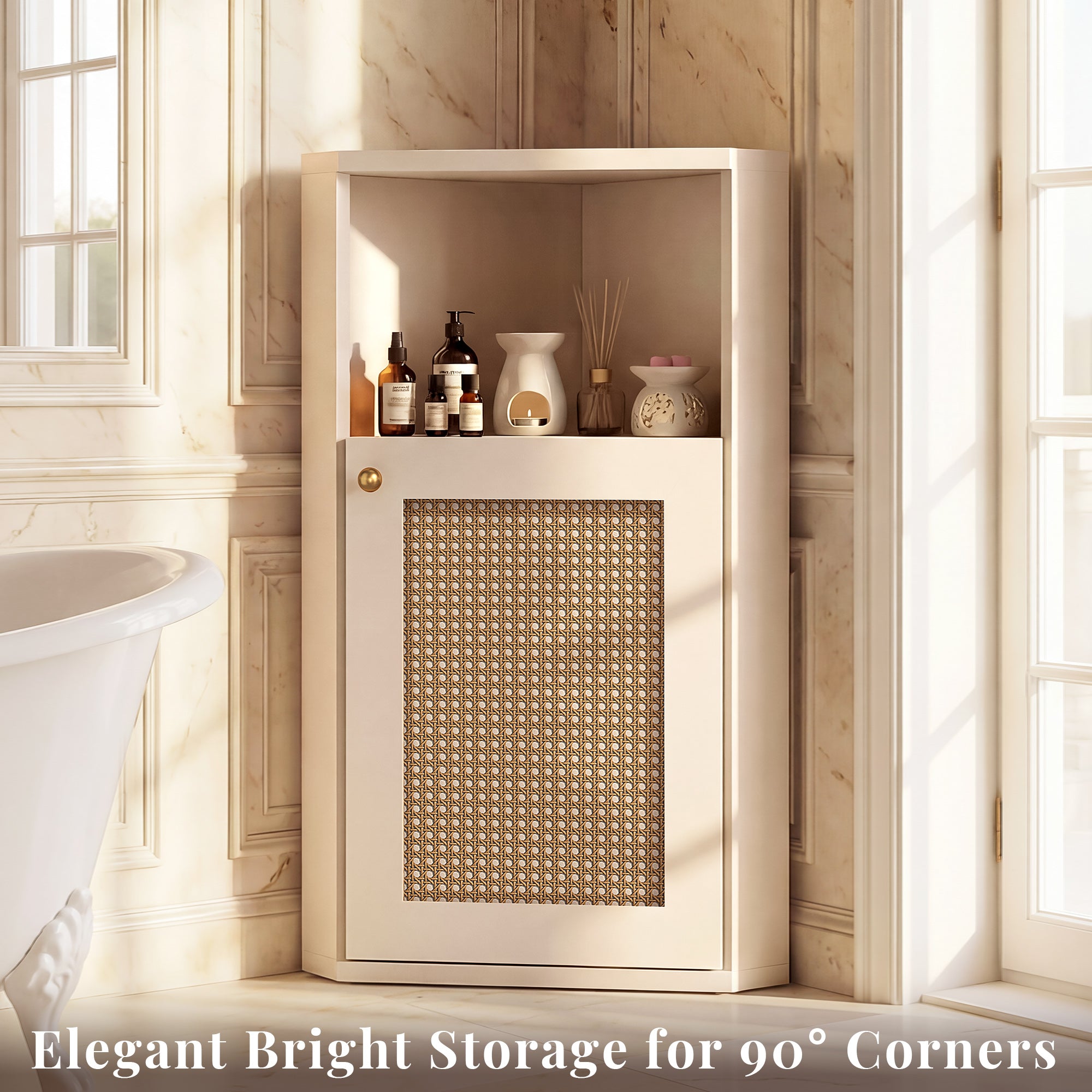 OMCHOM Corner Bathroom Cabinet, Space-Saving 90° Triangular Design with Adjustable Internal Shelf, With Elegant Rattan Door, Anti-Tip & Soft-Close Features, Multipurpose Organizer for Bathroom Bedroom Living Room Entryway