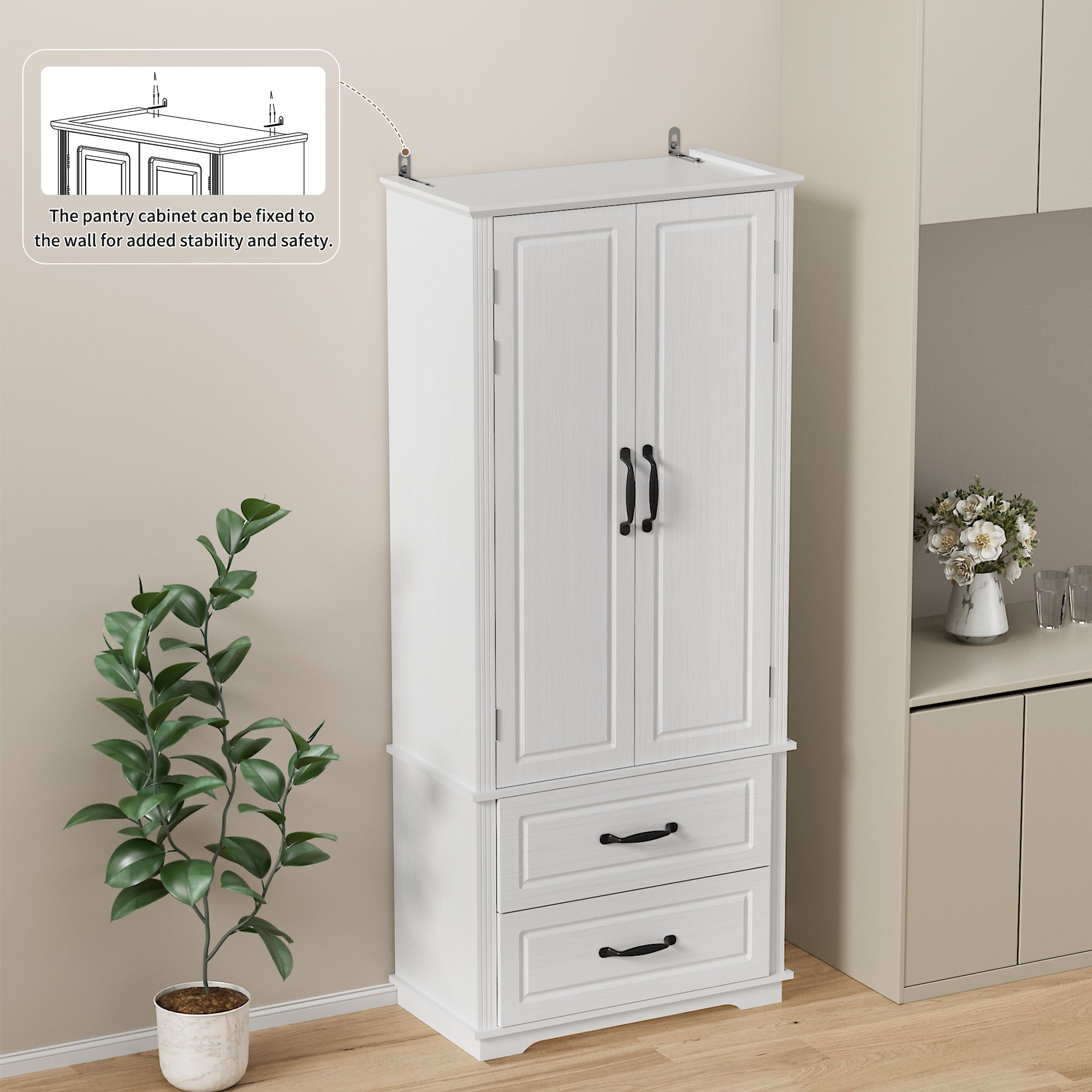 K&K 71" Farmhouse Kitchen Pantry Cabinet with Storage, White