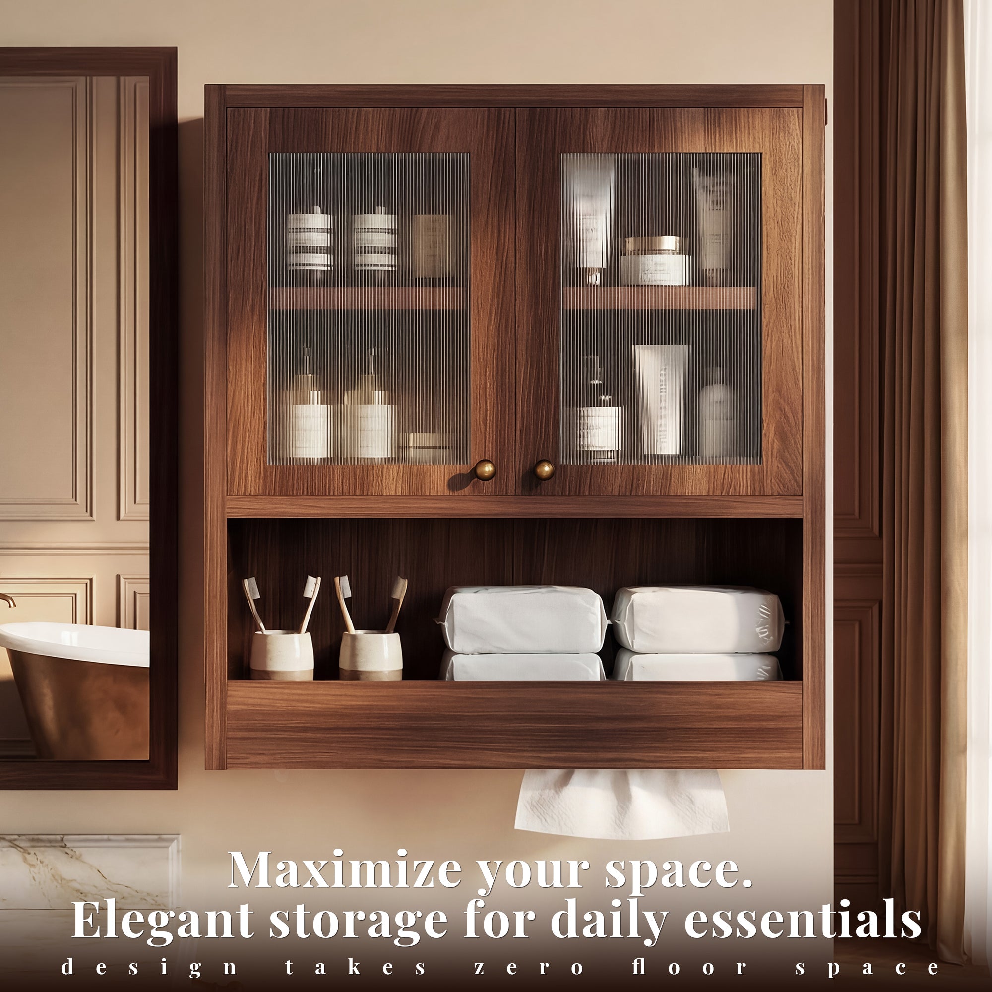 OMCHOM Bathroom Wall Cabinet with 2 Door Adjustable Shelves,Smart Zoned Open & Concealed Storage,Over The Toilet Storage Wall Mounted Medicine Cabinets，for Bathroom Laundry Room Kitchen